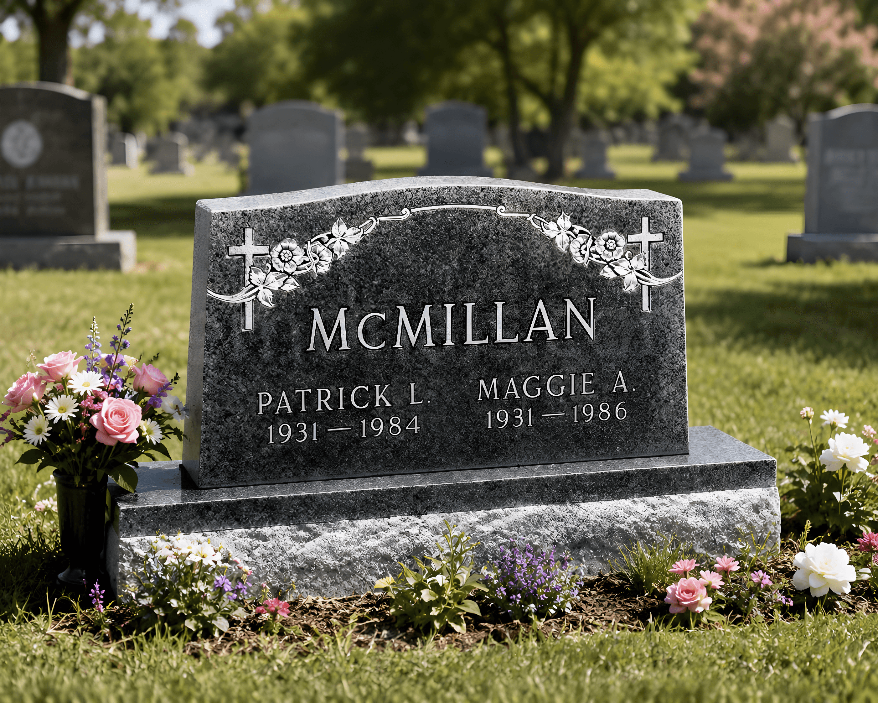 An upright headstone successfully installed in a cemetery with flowers around the headstone.