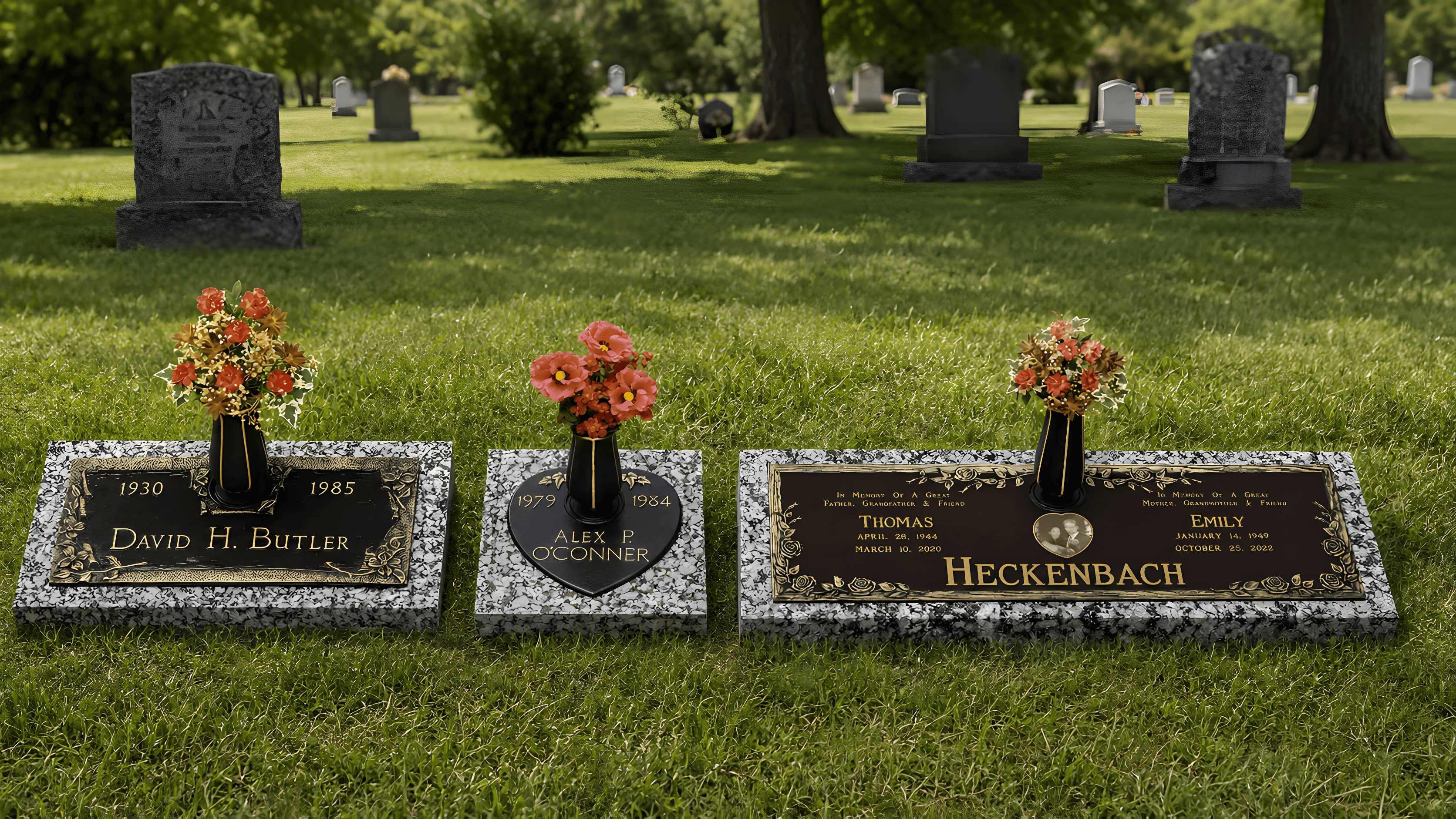 Three flat bronze grave markers (individual, infant and companion) side-by-side in the cemetery grass.