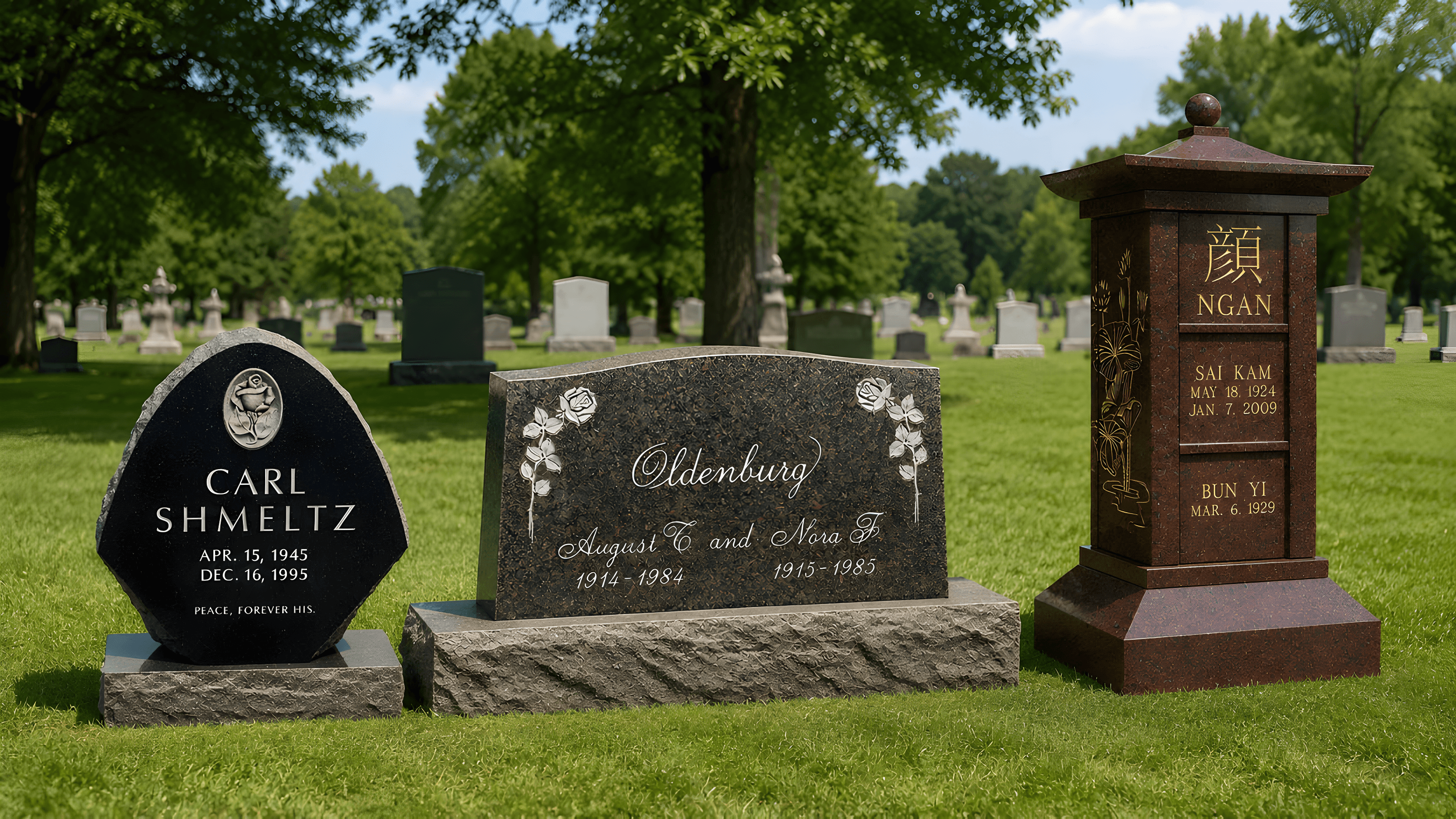 Three different upright headstones side-by-side in a cemetery: individual, companion and family headstones.