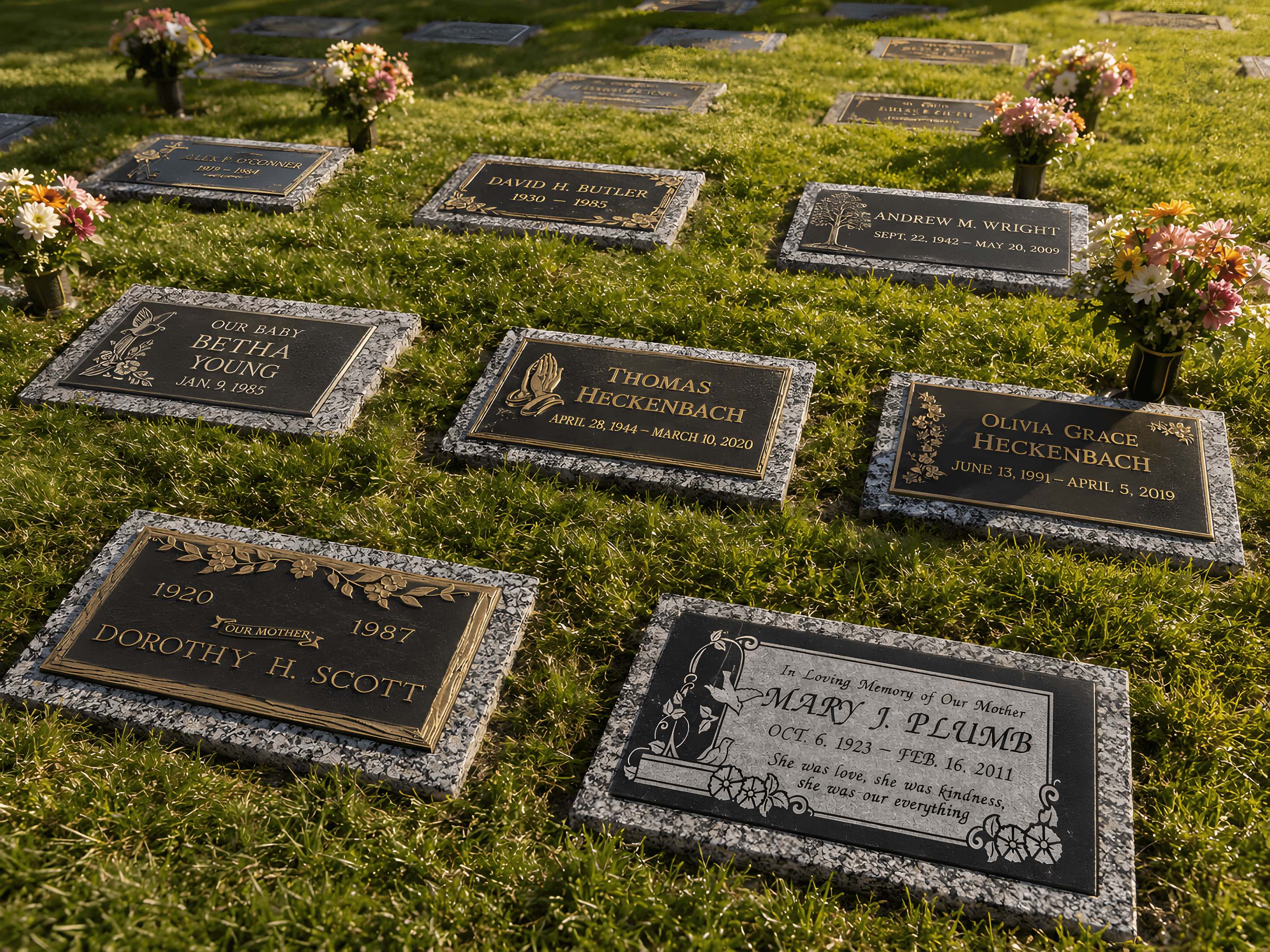 A cemetery section showing rows of flat flush grave markers set into green grass.