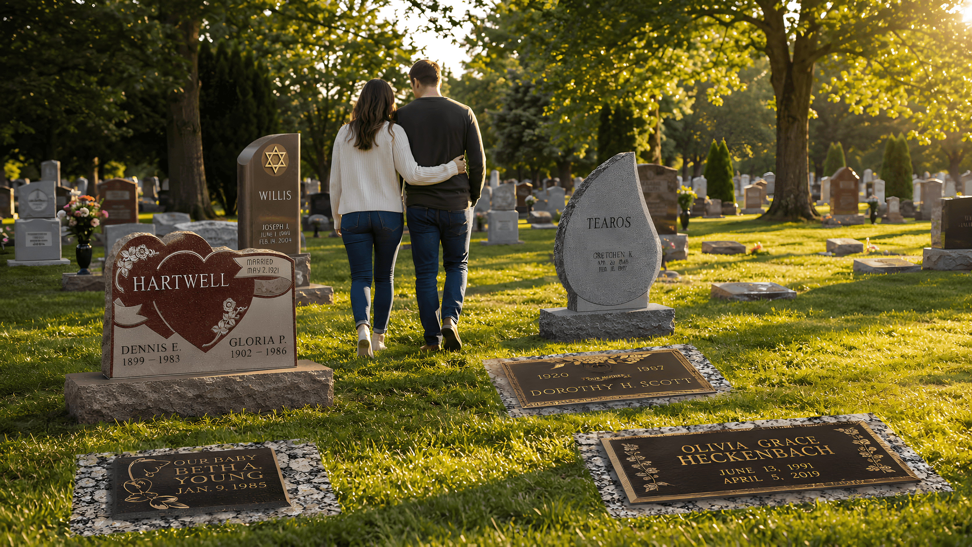 A couple walks through a cemetery between several flat grave markers and upright headstones.