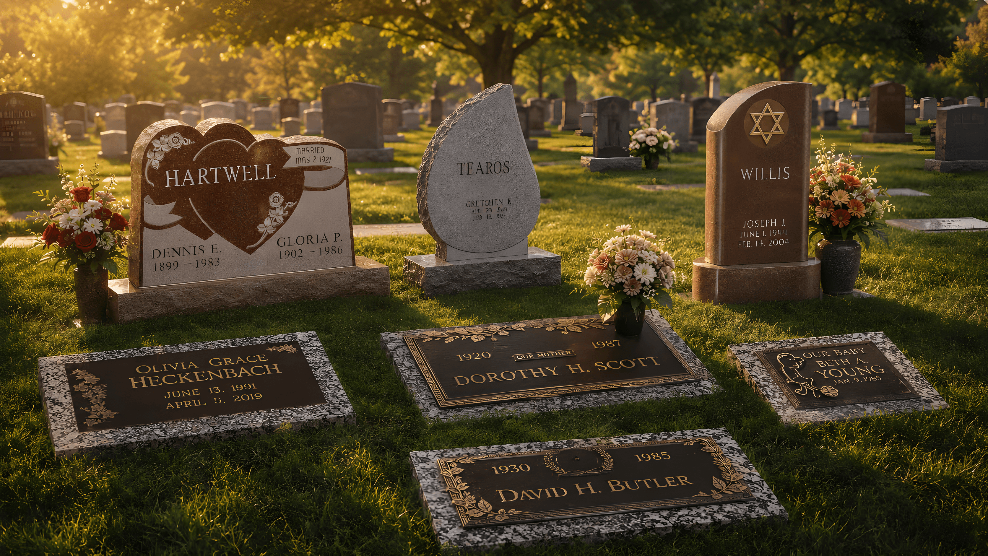 Different sizes of upright headstones and bronze grave markers sitting in a cemetery at dusk.