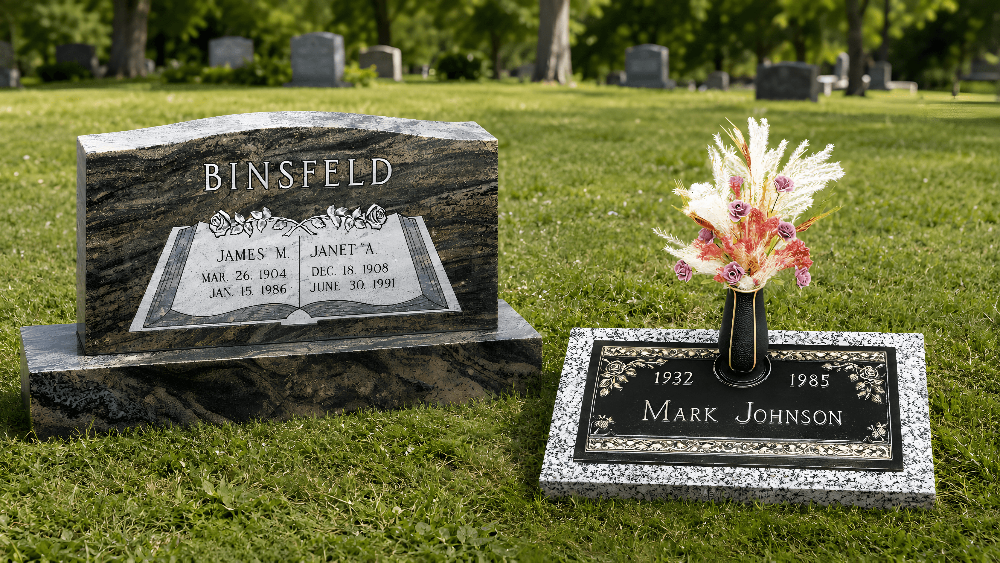 An upright headstone and a flat bronze grave marker sitting side-by-side in a cemetery.