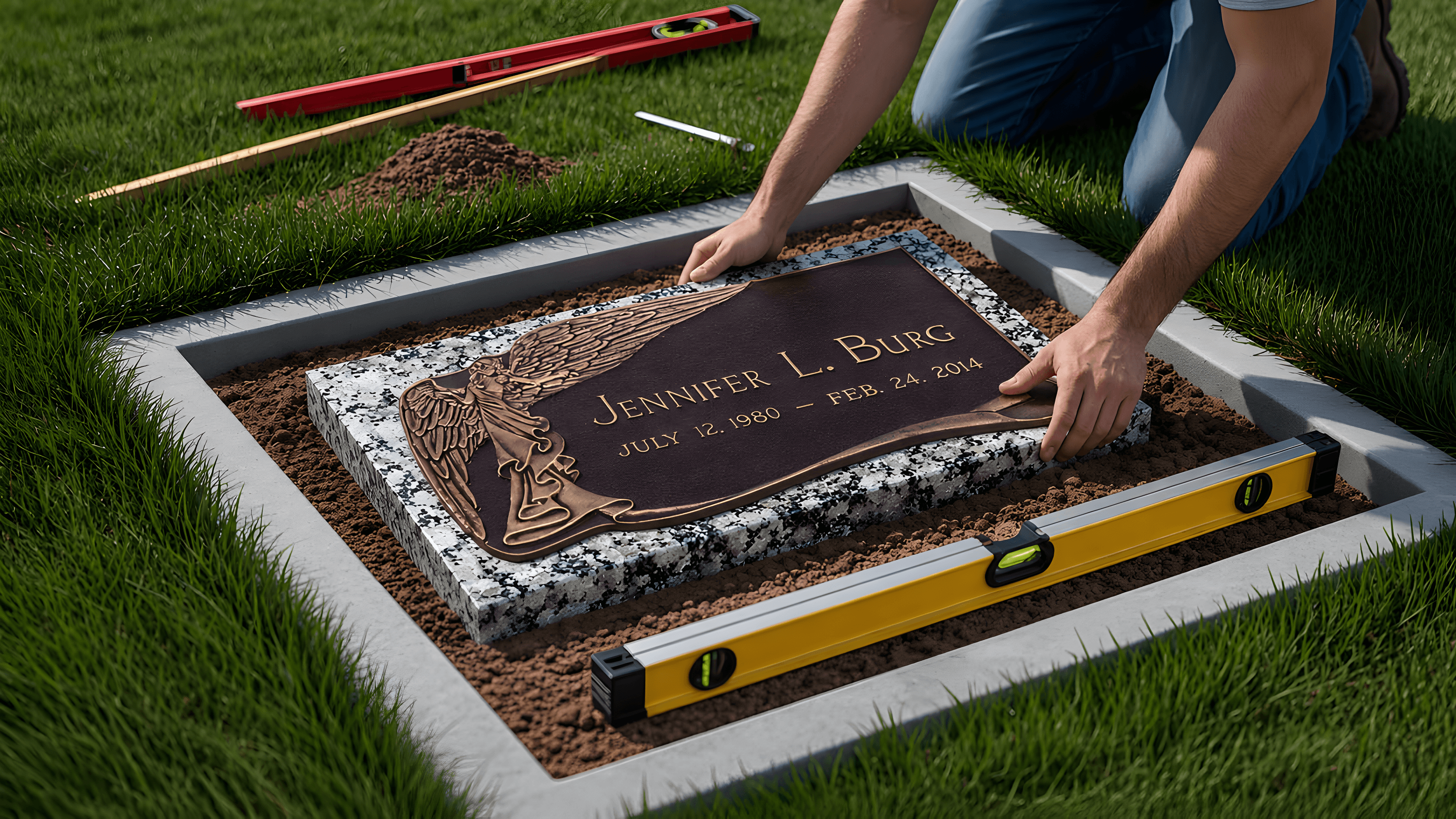A flat bronze grave marker being installed at a cemetery.