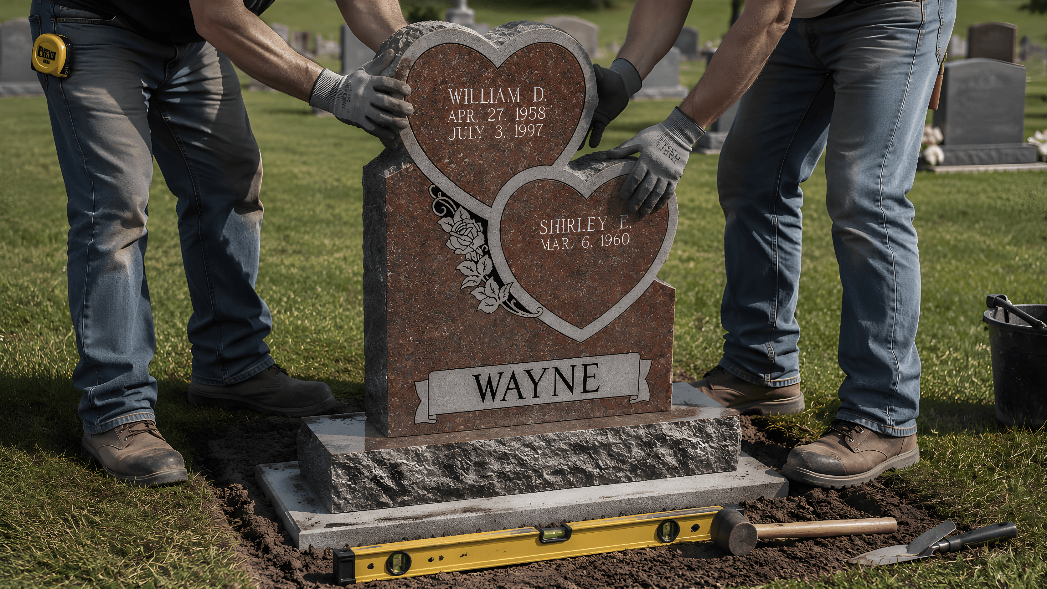 An upright companion headstone with hearts is installed in a cemetery.