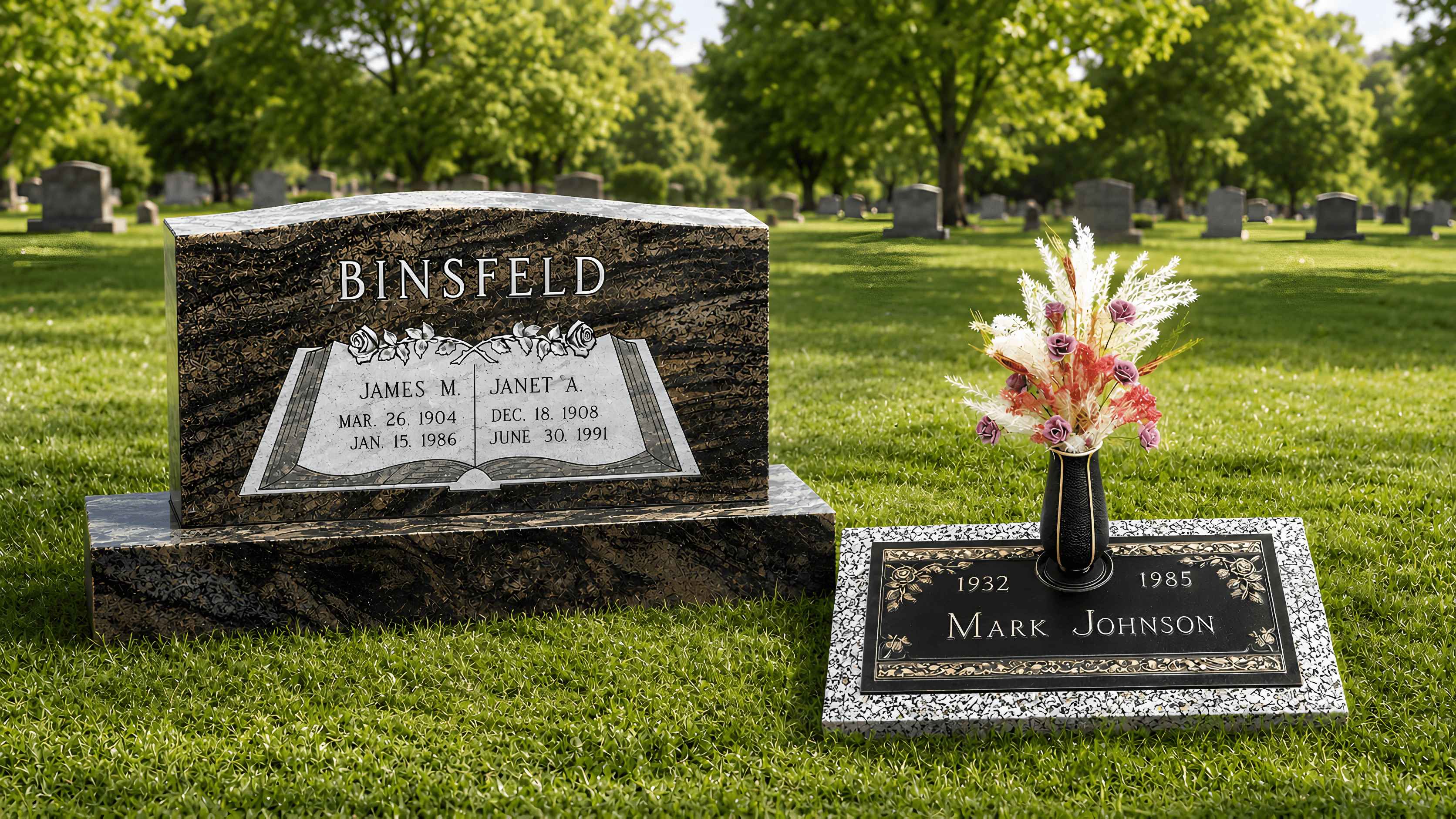 An upright headstone and a bronze grave marker with vased flowers sitting on top sitting in a cemetery.