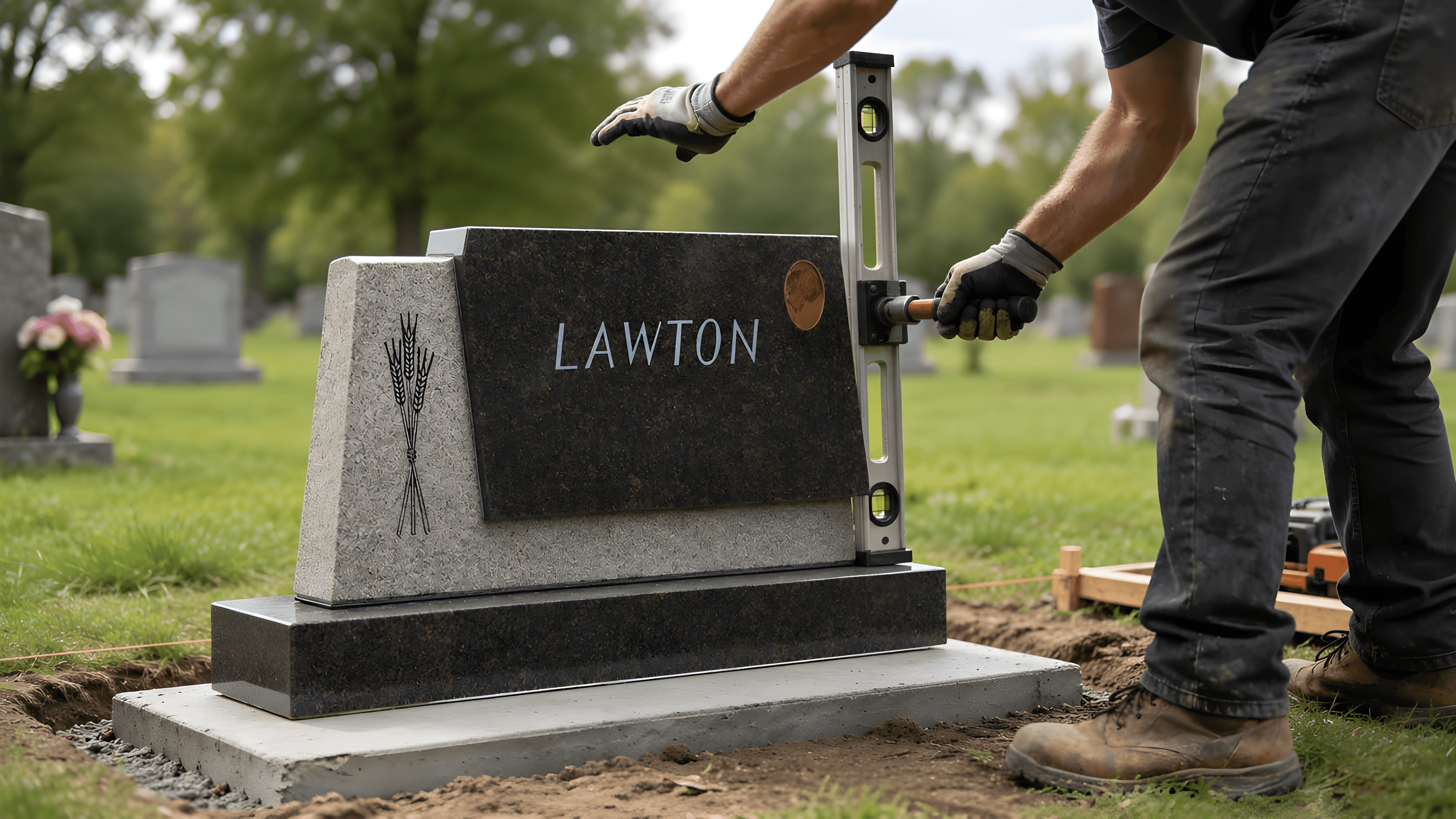 A headstone installer leveling out an upright headstone.