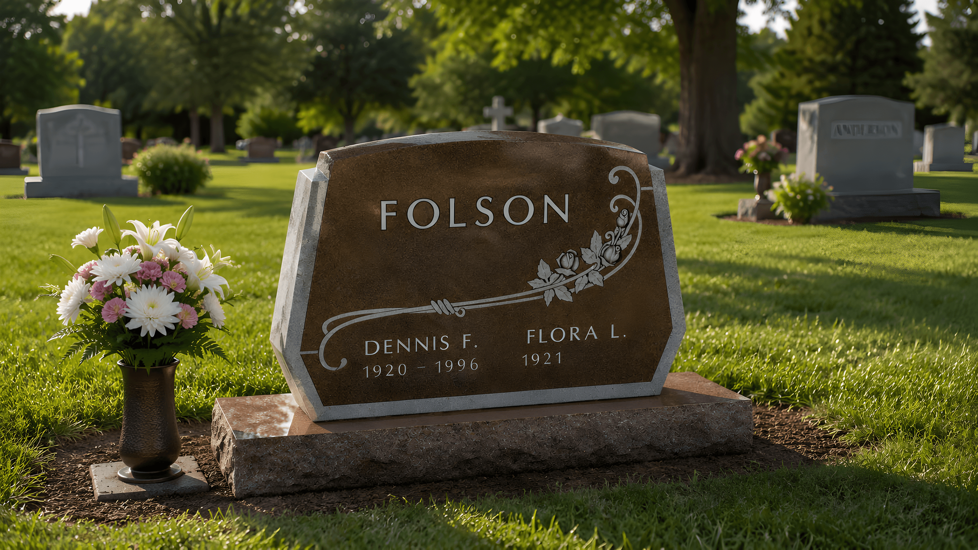 An upright headstone with flowers in a vase to the left of the headstone.