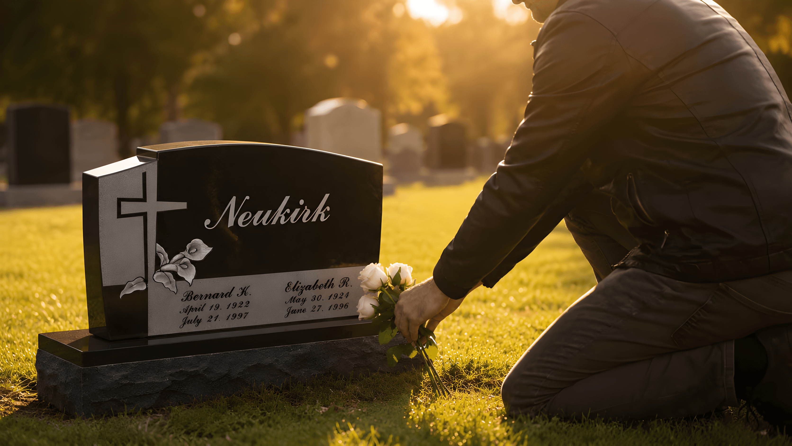 A man lays flowers at the foot of an upright headstone.