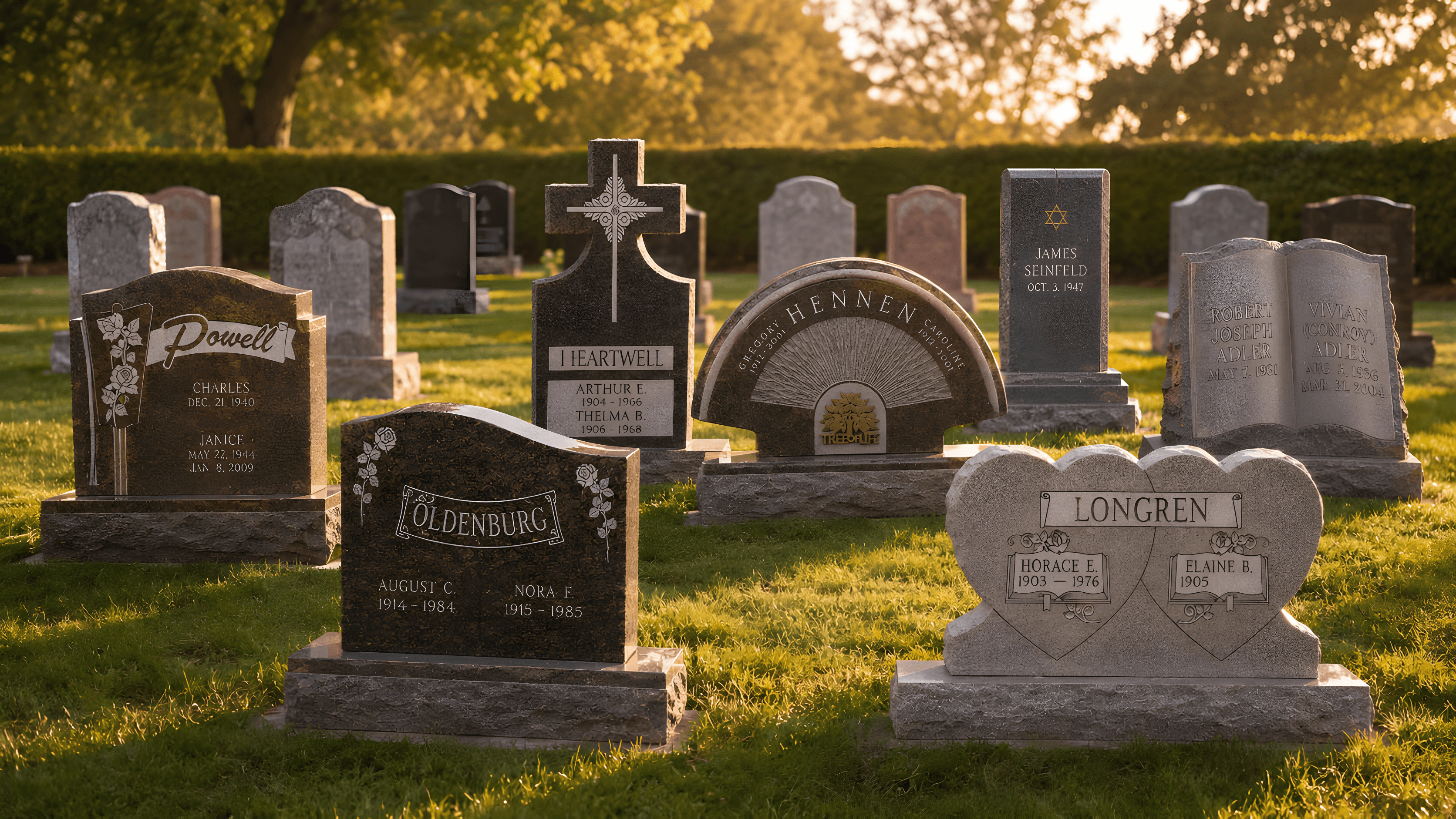 A collection of Memorials.com Upright Headstones sitting side-by-side in a cemetery at midday.
