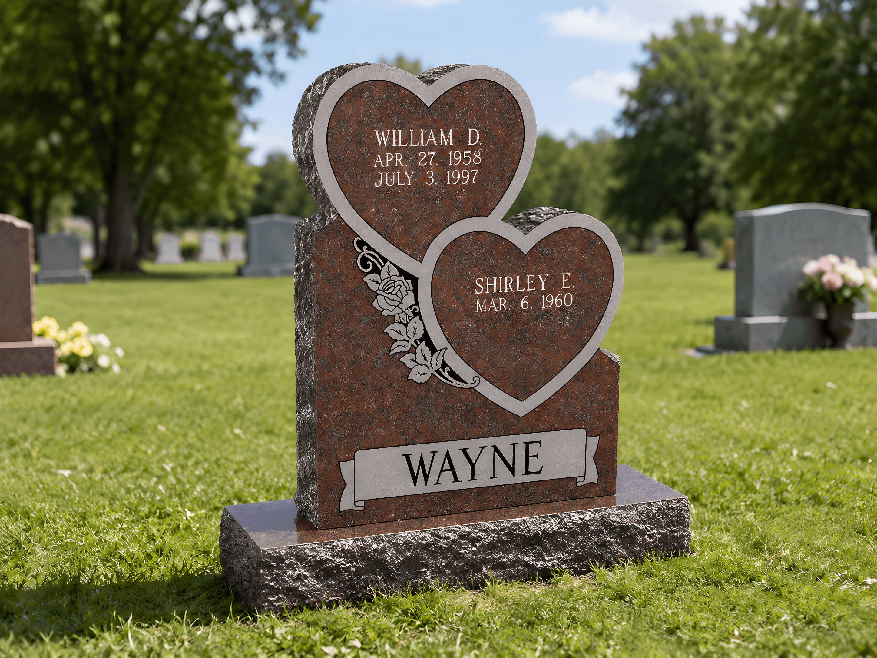 A heart companion upright headstone in a cemetery.