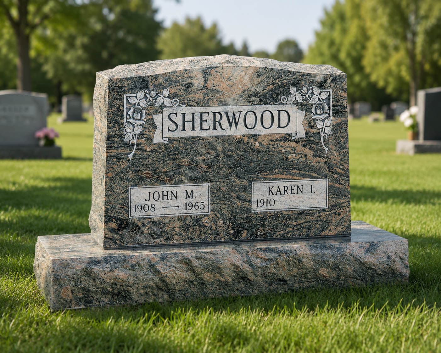 A companion upright headstone with rose emblems sitting in a cemetery.