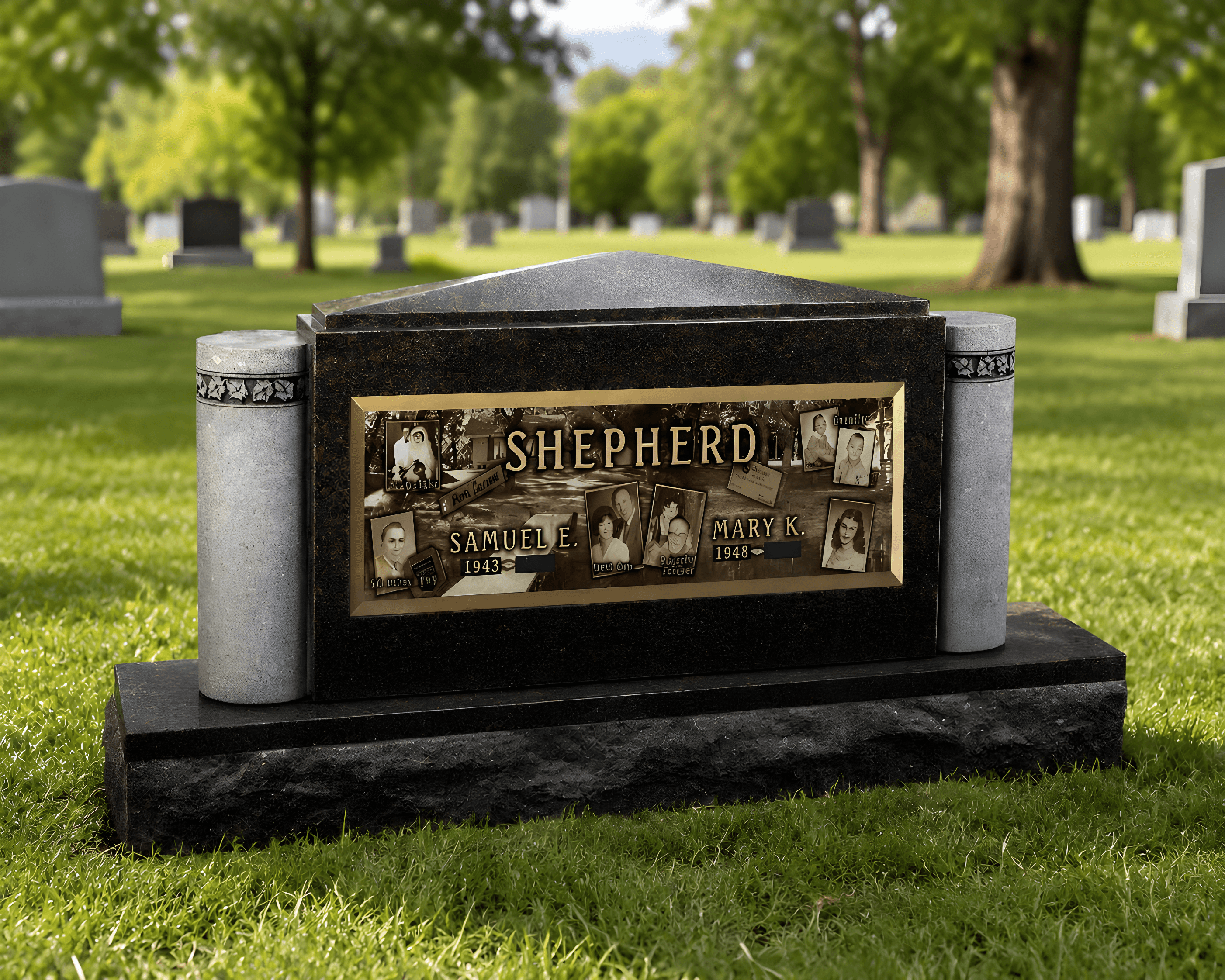 An upright bronze headstone sitting in the cemetery