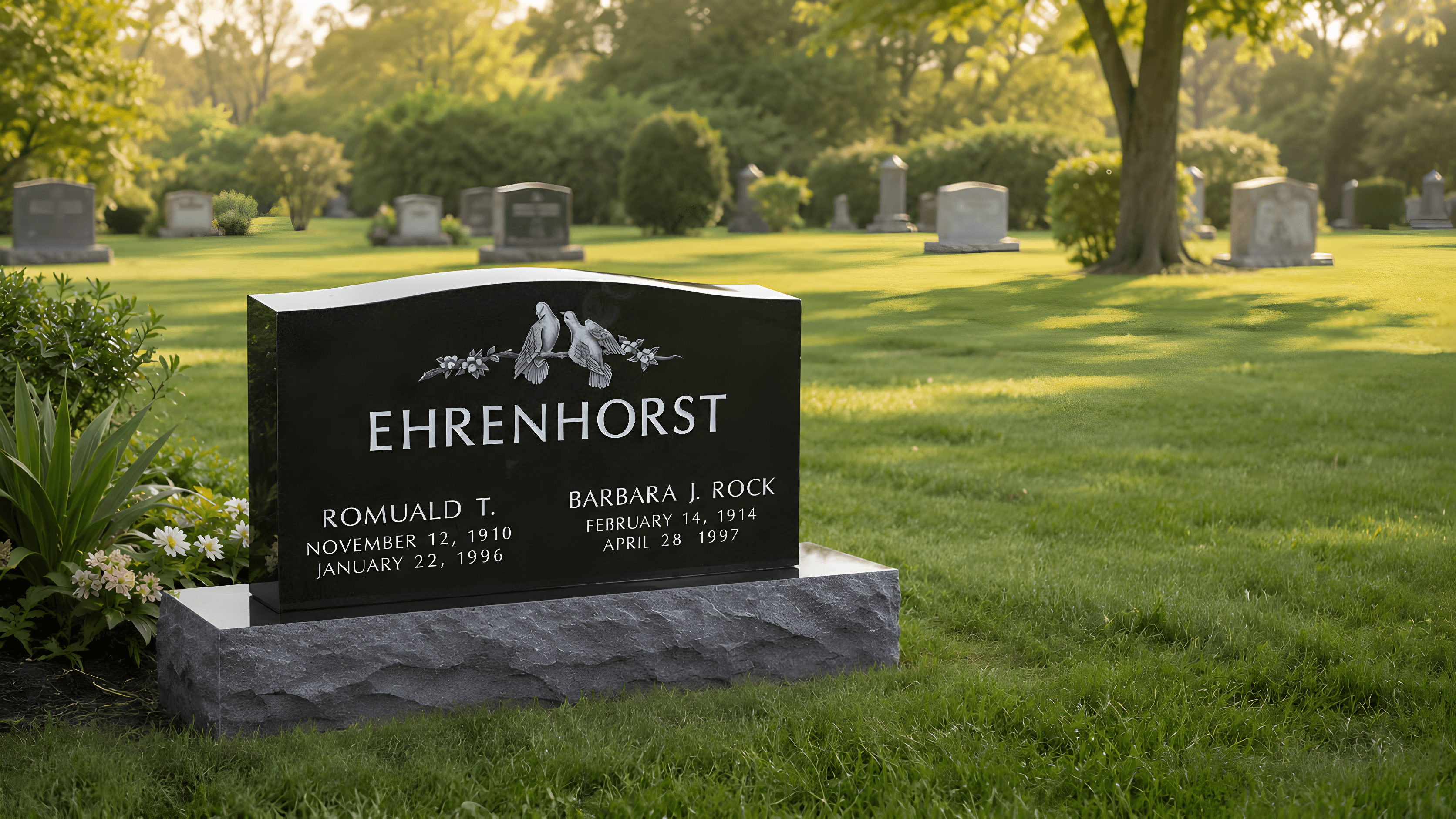 An upright companion headstone with doves emblem.