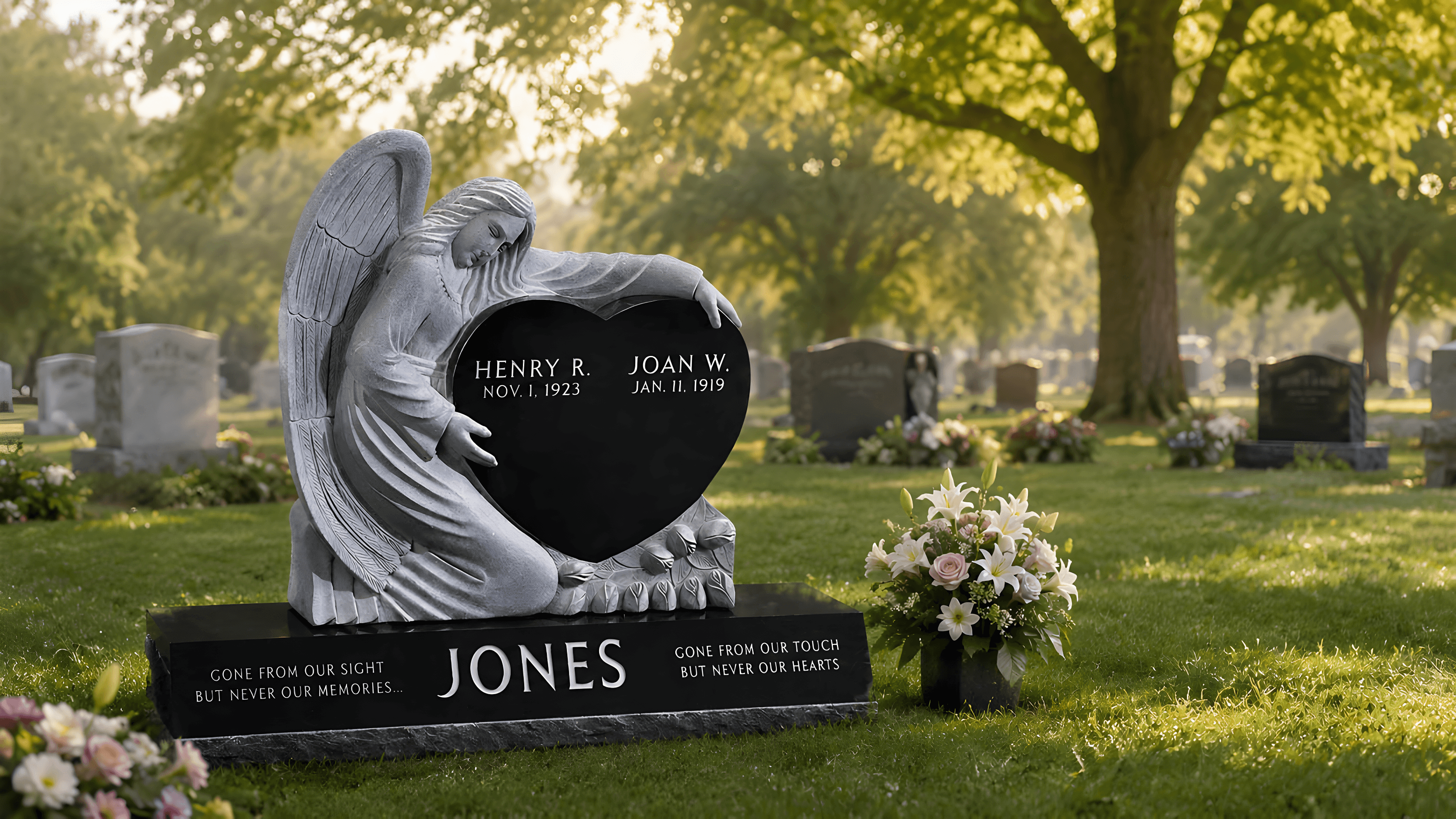 An upright headstone with a weeping angel that is draped over a heart with two names on it