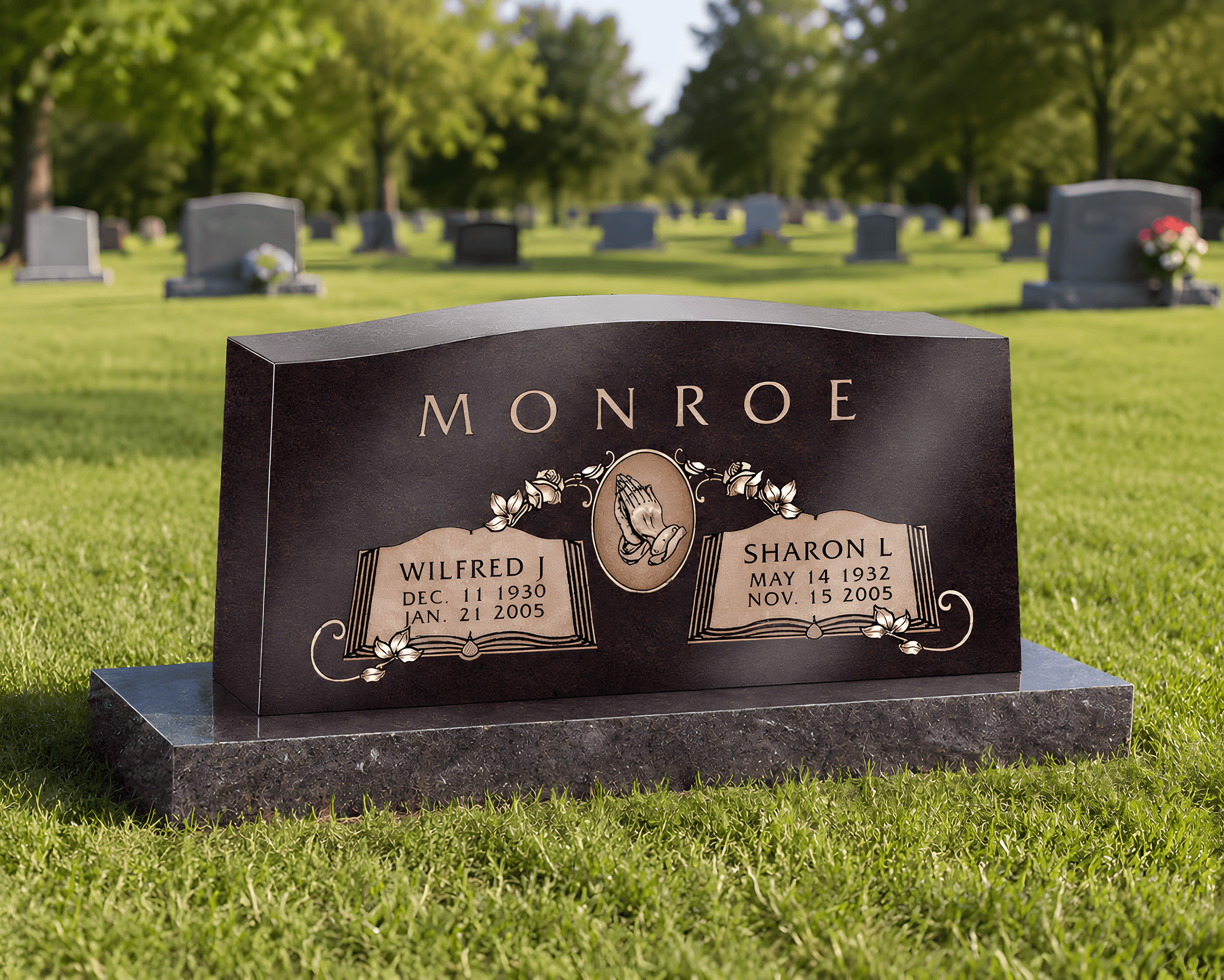 An upright headstone with a praying hands emblem sitting in a cemetery.
