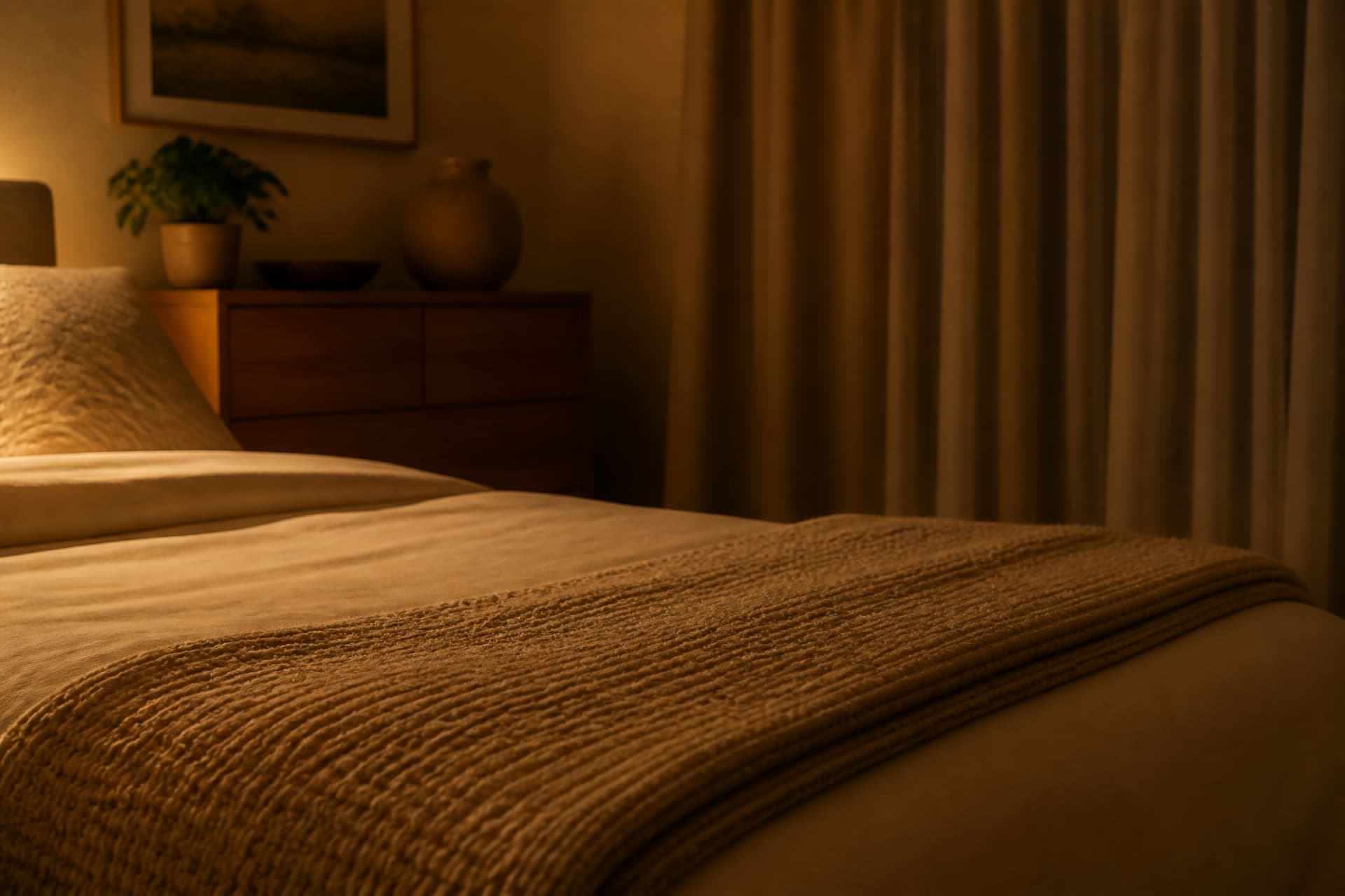 A dimly lit bedroom late at night, a folded blanket across the end of a bed, warm lamplight from out of frame