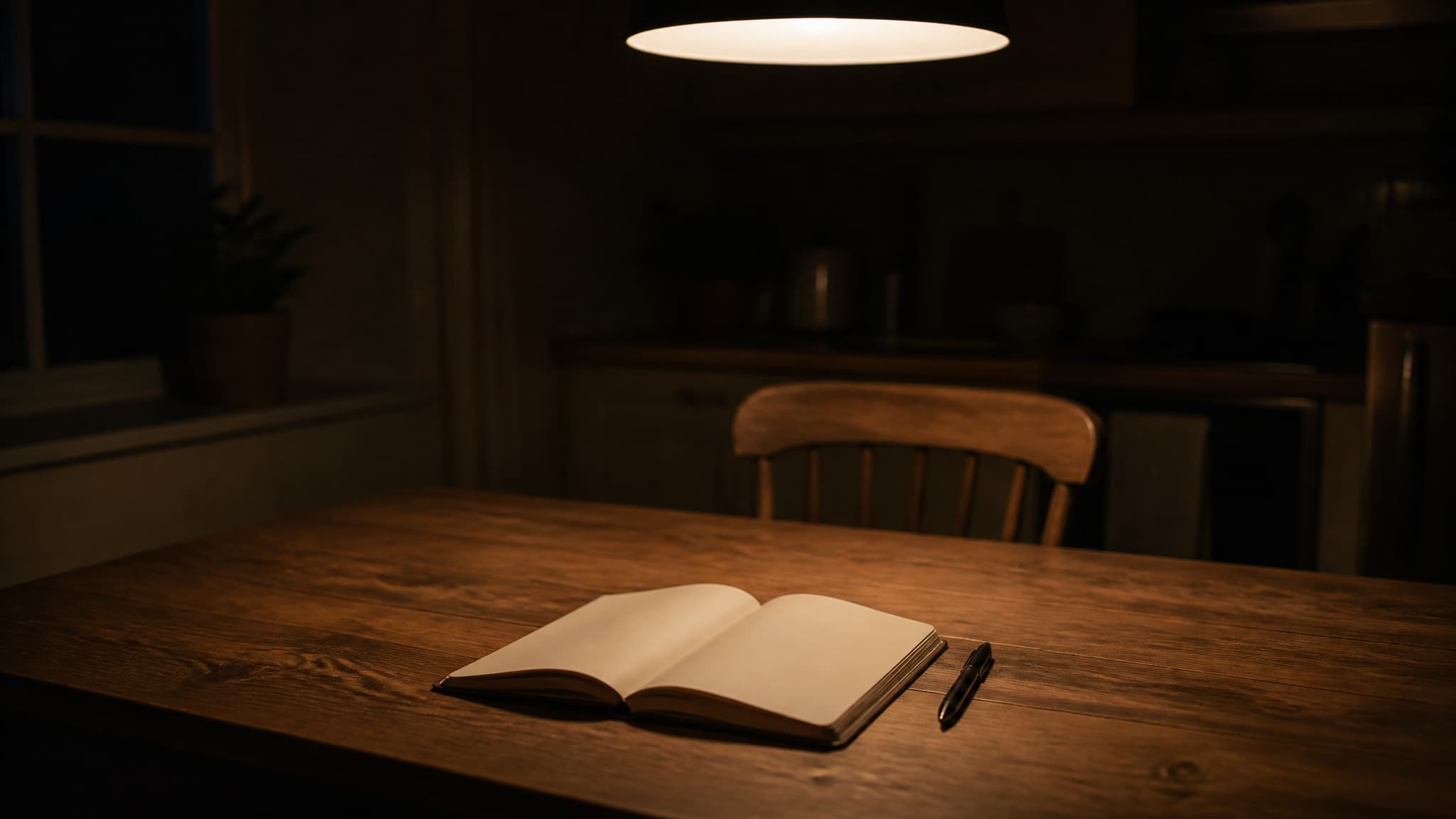 An open notebook and a pen on a kitchen table at night, lit by a single overhead light