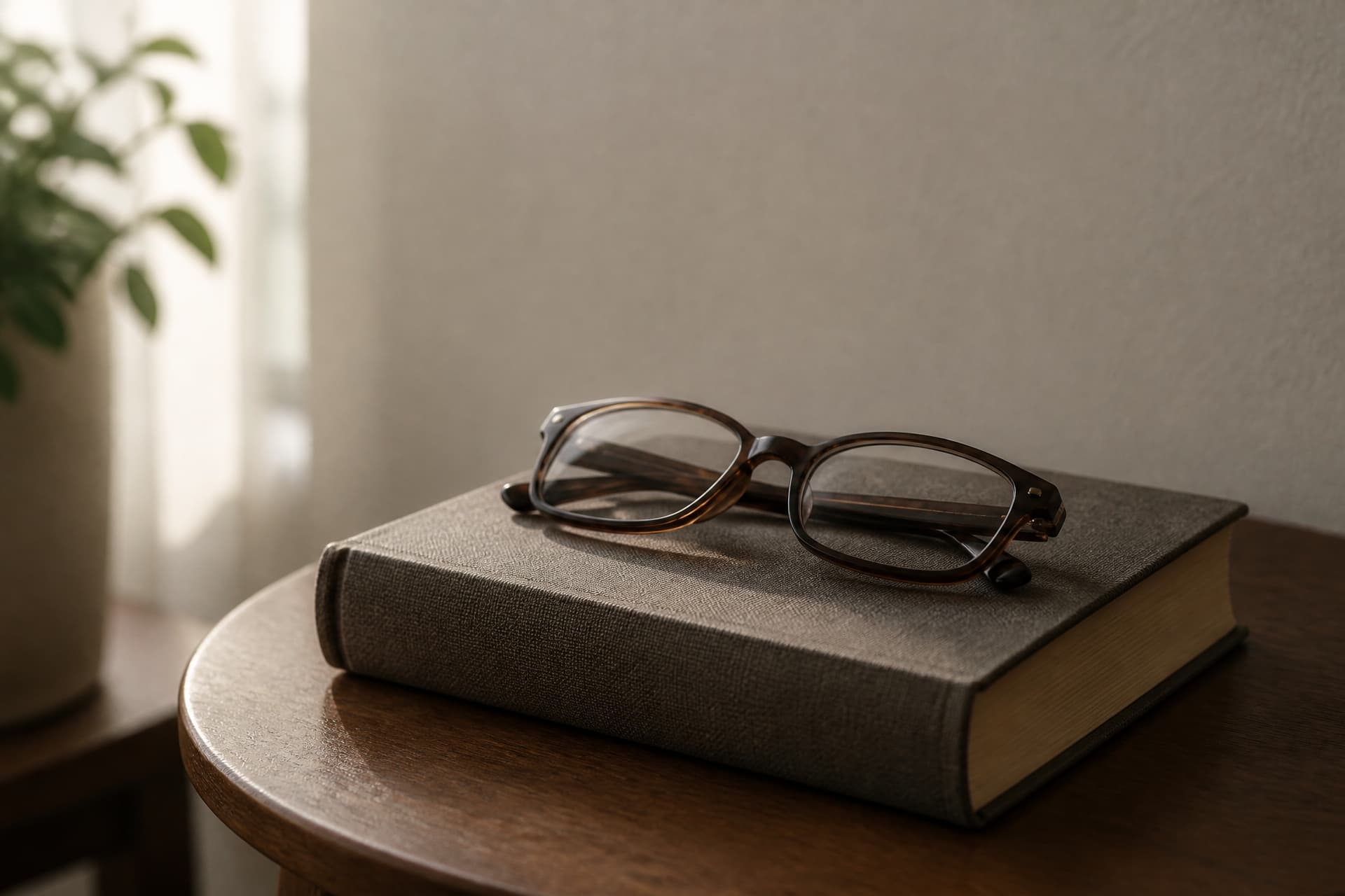 A pair of folded reading glasses resting on a closed cloth-bound book on a side table