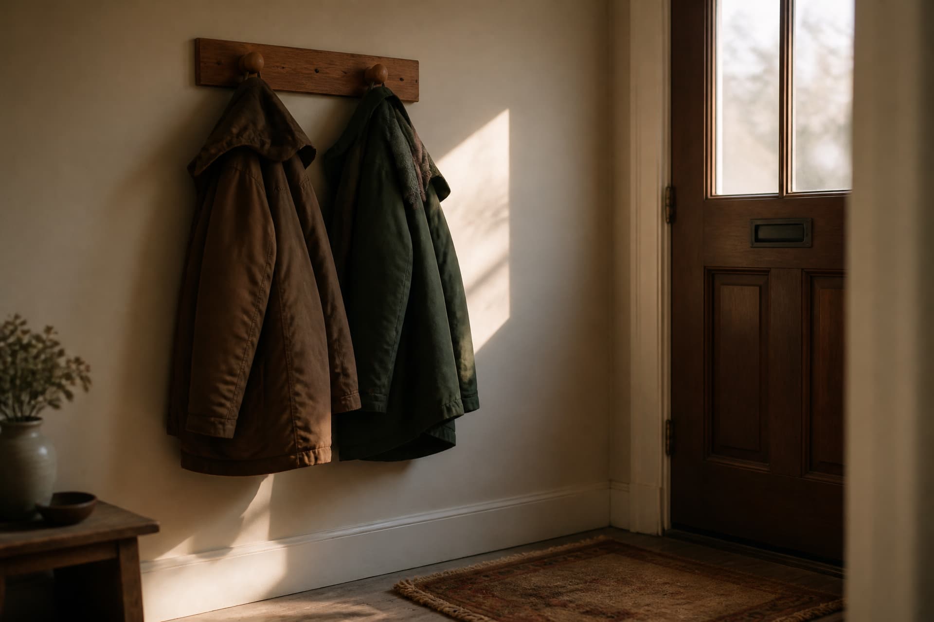 Two coats hanging on wooden hooks beside a front door, with morning light across the wall