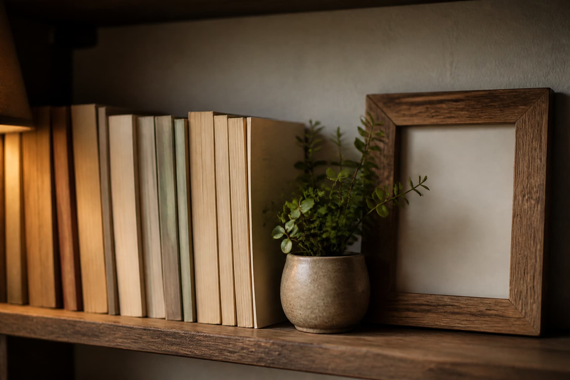 A shelf of paperback books beside a small potted plant and an empty picture frame, warm lamplight from the side