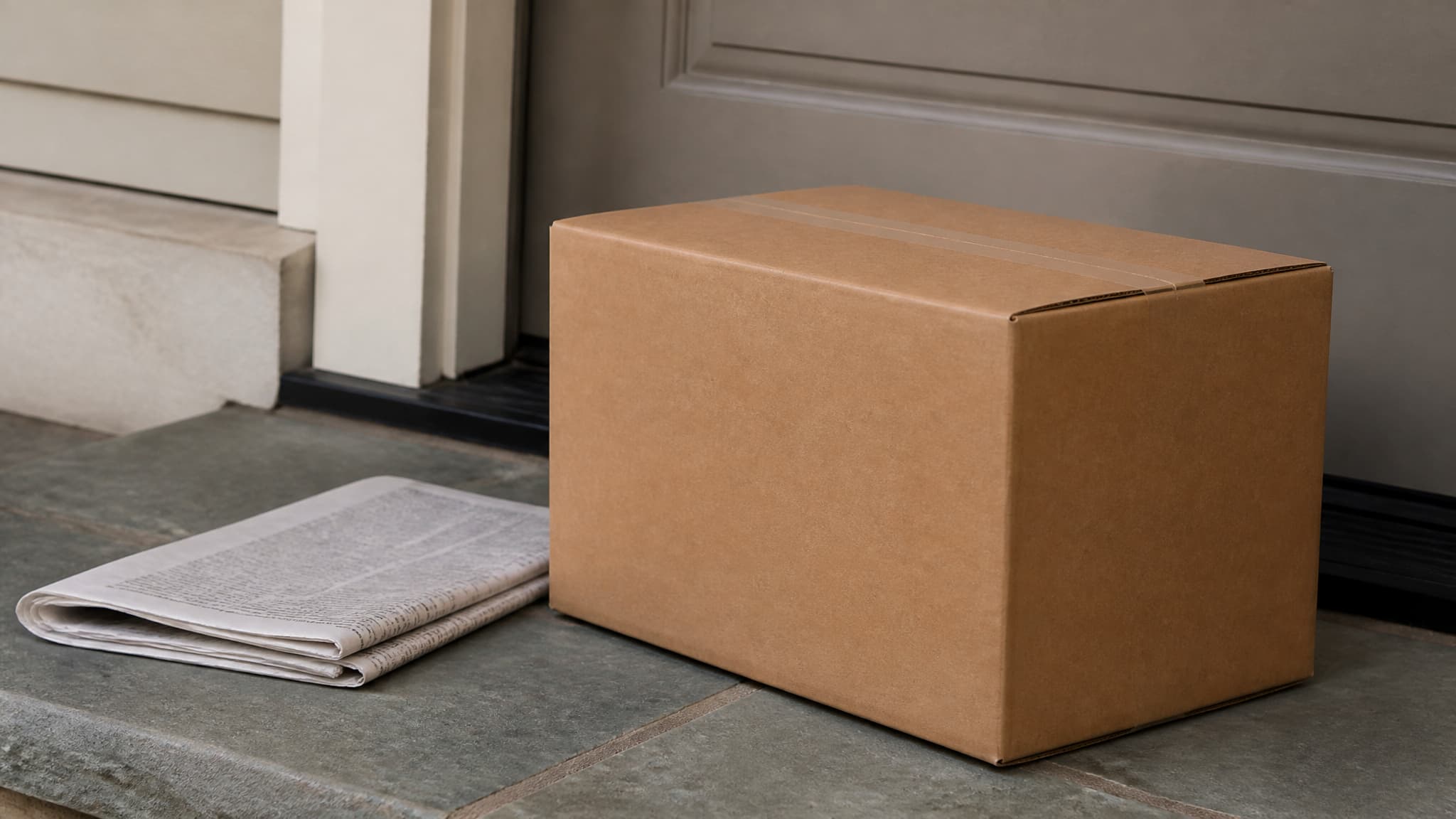 An unopened cardboard delivery box on a doorstep beside a folded newspaper, in flat morning light