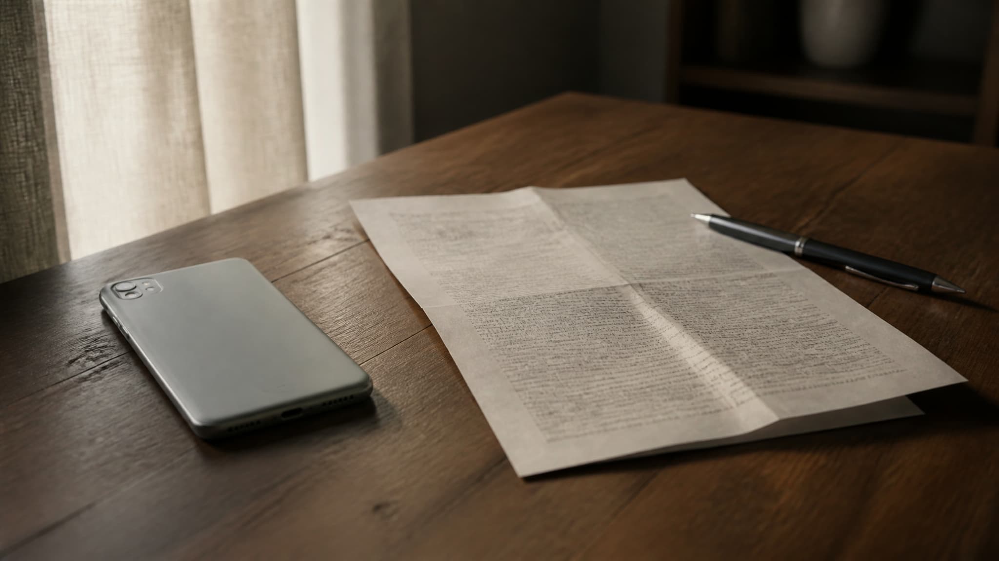 A phone lying face-down on a wooden table beside a folded printed sheet and a pen, in soft window light