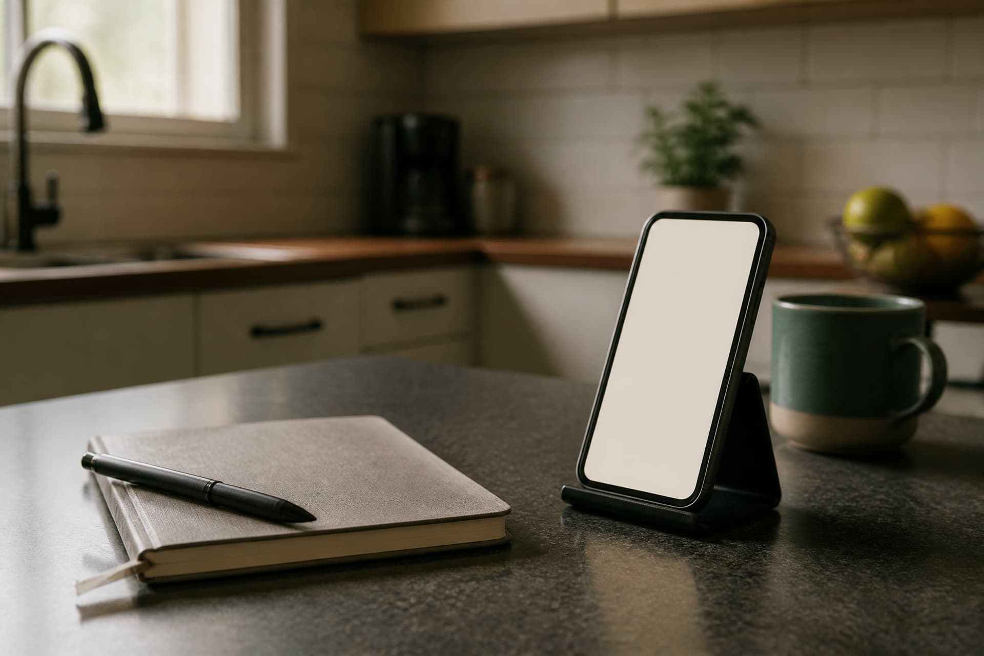 A phone propped upright on a kitchen counter showing a plain settings-style screen, a notebook and pen beside it