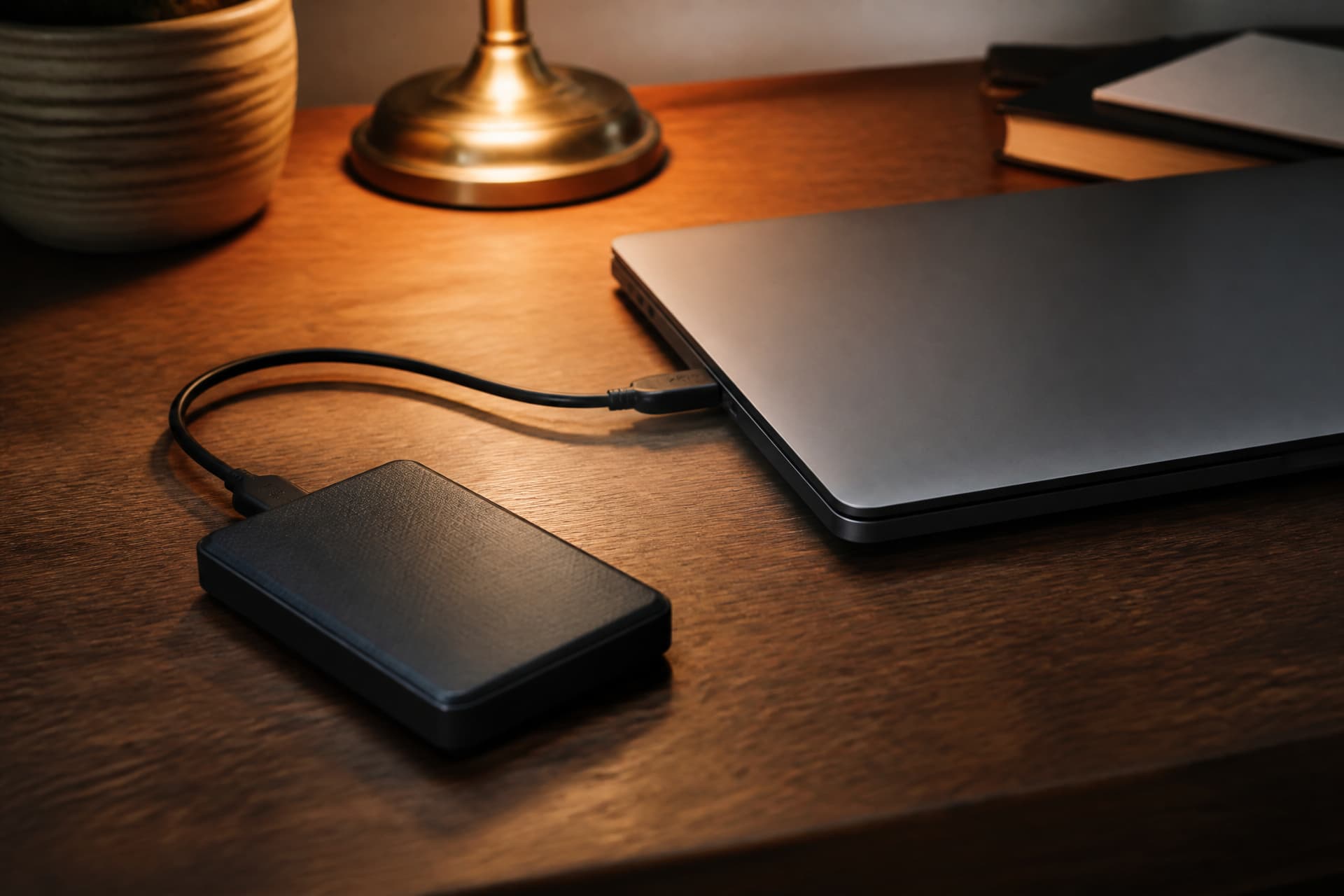 A portable external hard drive on a wooden desk connected by a cable to a closed laptop, warm lamplight