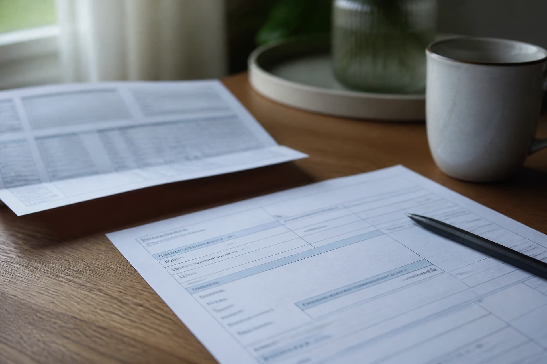 A blank tax form on a desk beside a pen, a folded statement and a mug, in cool morning light