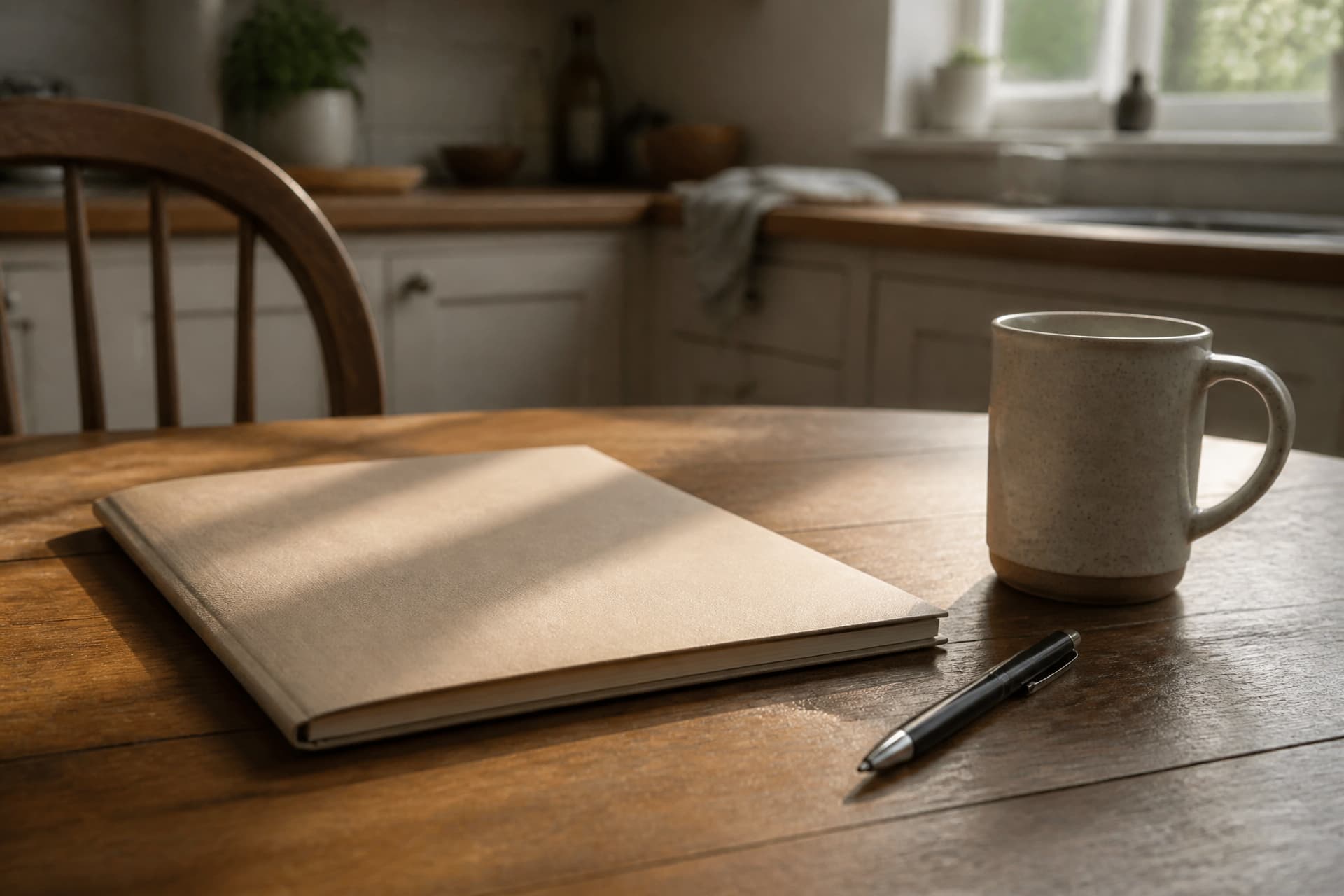 A kitchen table with a closed folder, a mug and a pen arranged neatly, morning light across the surface