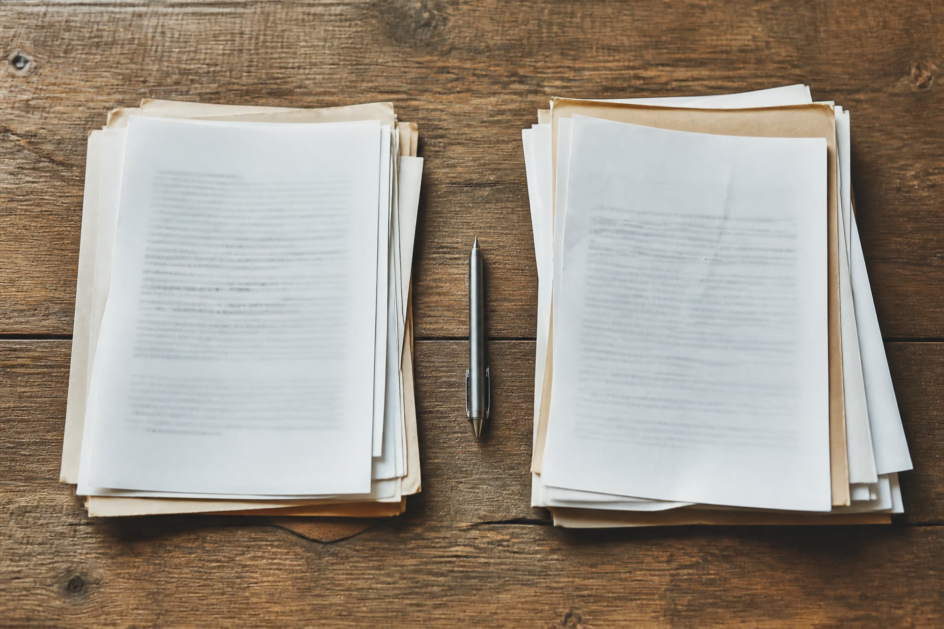 Two separate stacks of documents on a table with a pen between them, viewed from above in flat light