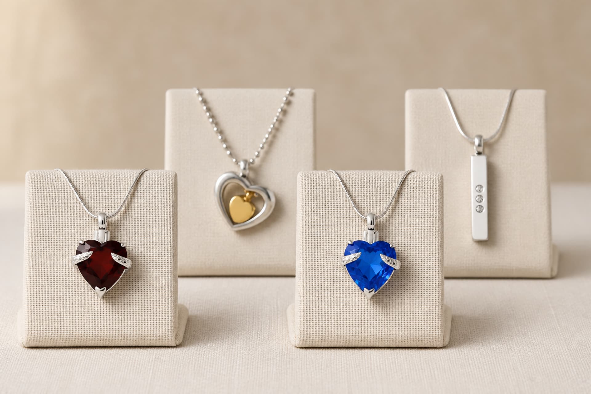 Four cremation pendants on stands, two heart-shaped stone settings, a double-heart holding a small gold urn, and a plain stainless cylinder, each with a sealed fill point