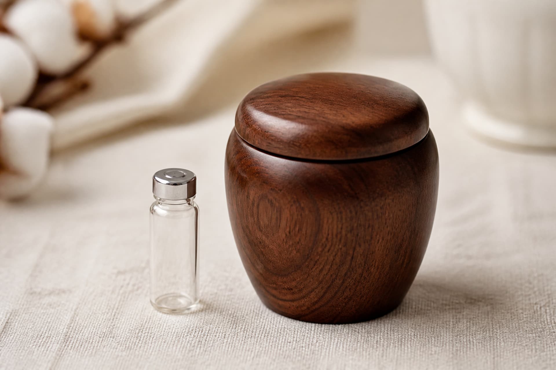 A small sealed glass keepsake vial and a plain wooden keepsake urn on a linen surface in soft daylight