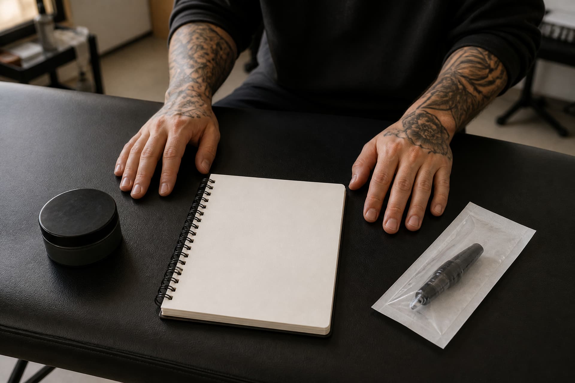 A tattoo artist's hands at a clean bench with a sealed sterile packet and a notebook open beside a small sealed container