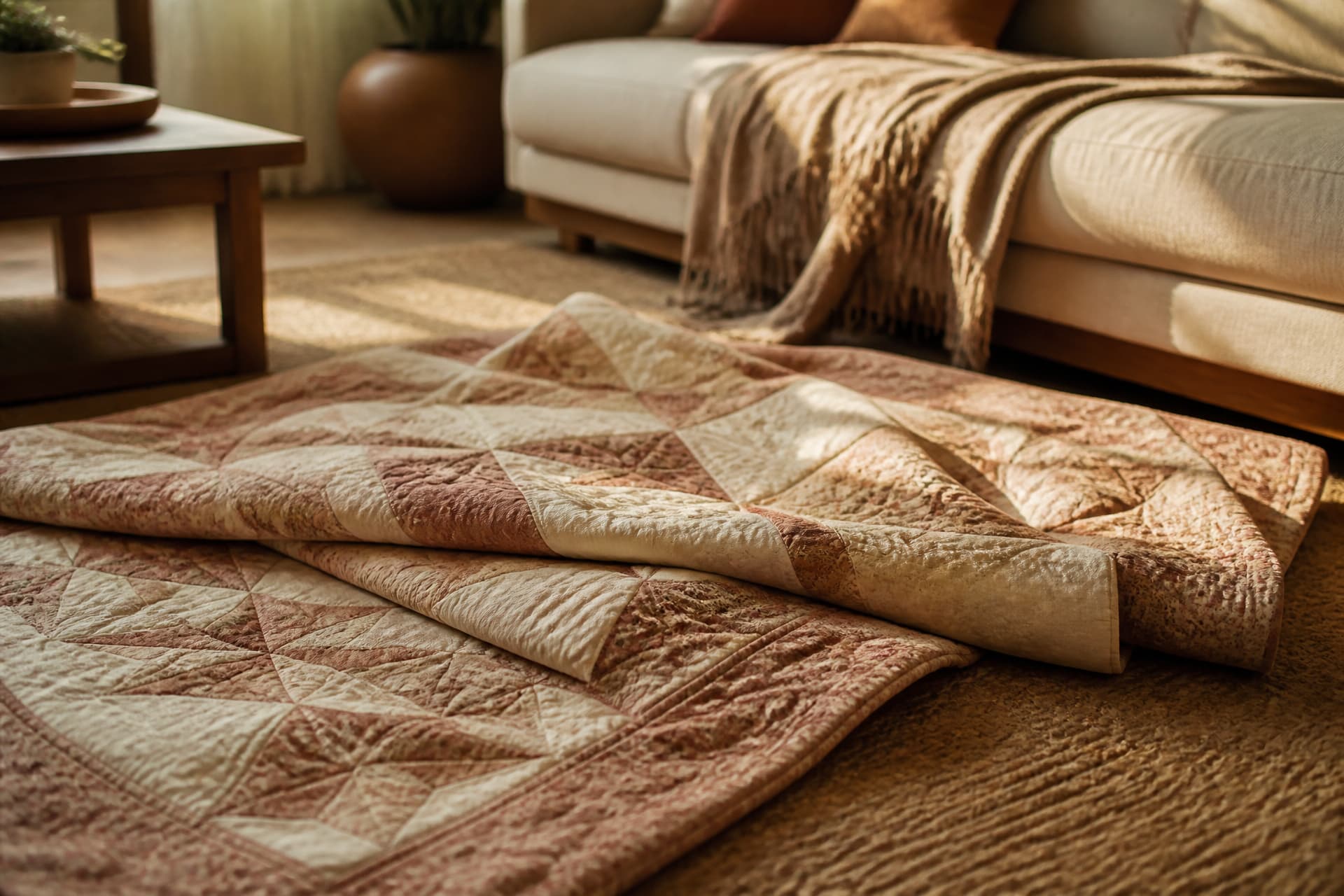 A soft folded quilt spread open on a living room rug beside a low couch, in warm afternoon light