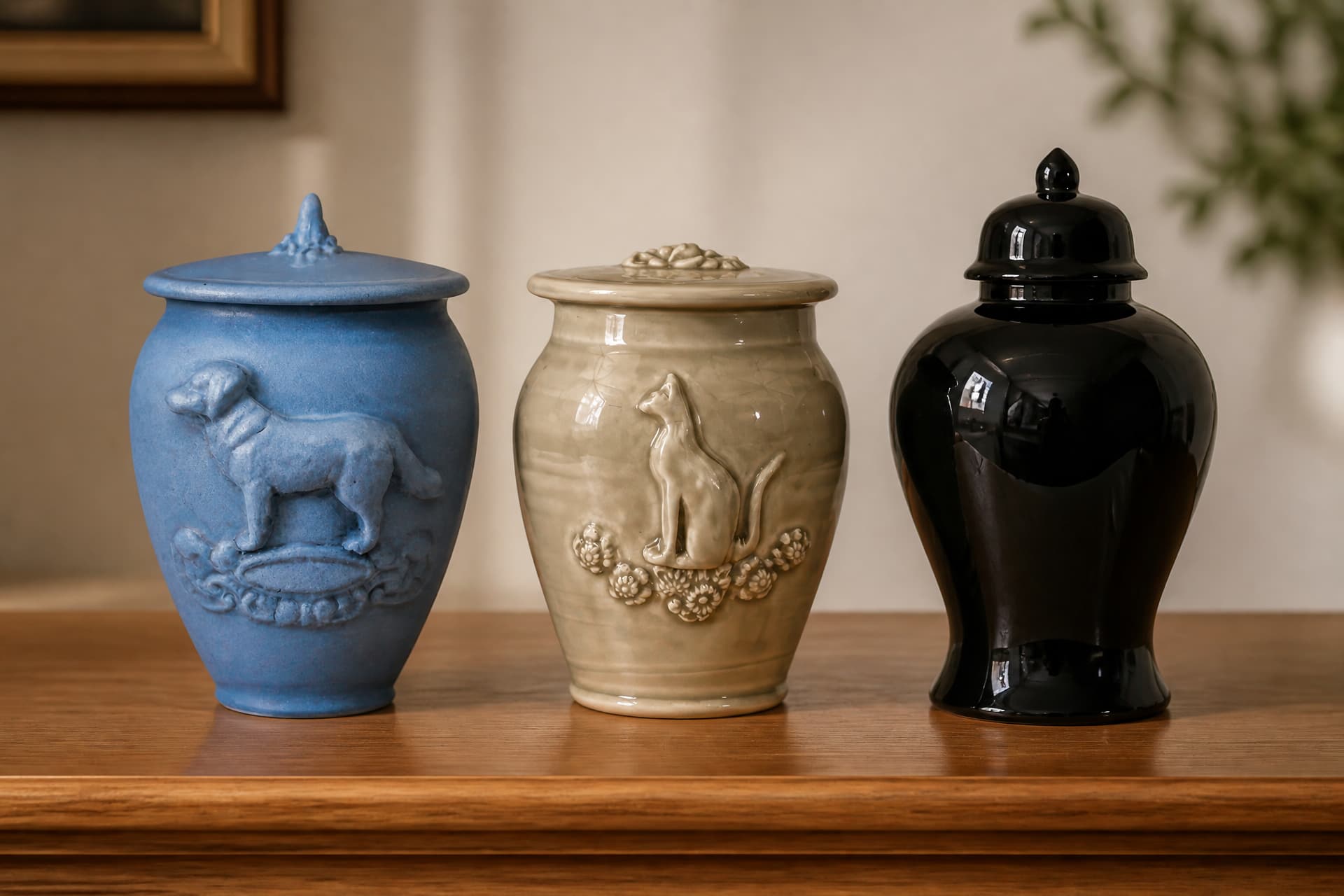 Three ceramic pet cremation urns on a wooden shelf โ a cobalt blue urn with a dog relief, a pale green urn with a cat relief, and a black urn