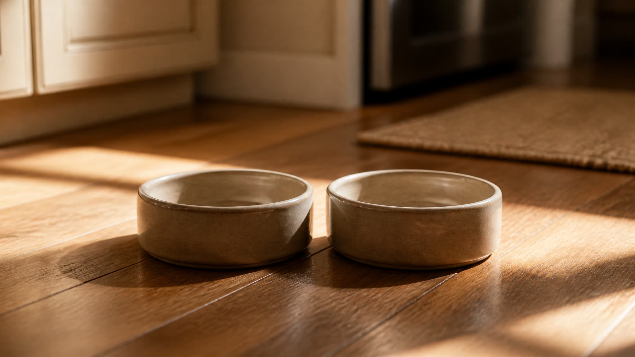 Two empty ceramic pet bowls on a kitchen floor in early morning light