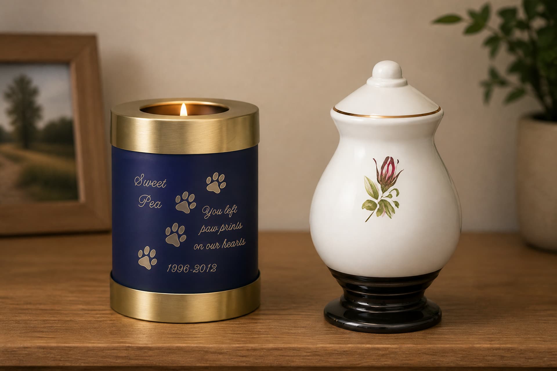 Two small pet keepsake urns on a wooden shelf โ a navy candle-holder urn engraved with paw prints, and a white urn with a painted rose