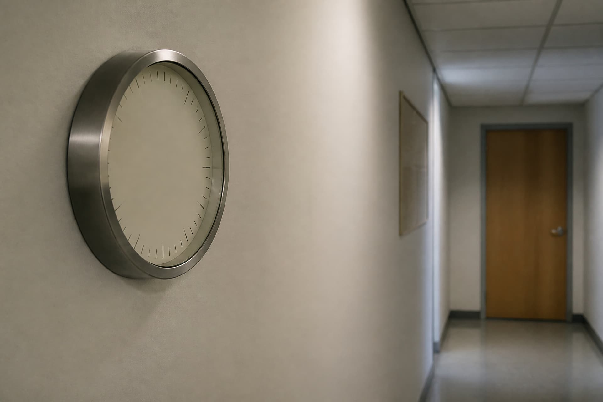 A plain wall clock in a quiet corridor with a closed door beyond it, in flat institutional light