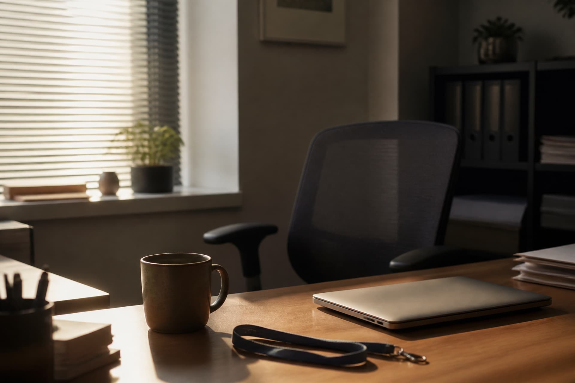 An office desk with an empty chair pushed back, a closed laptop and a lanyard coiled beside a mug, low morning light through blinds