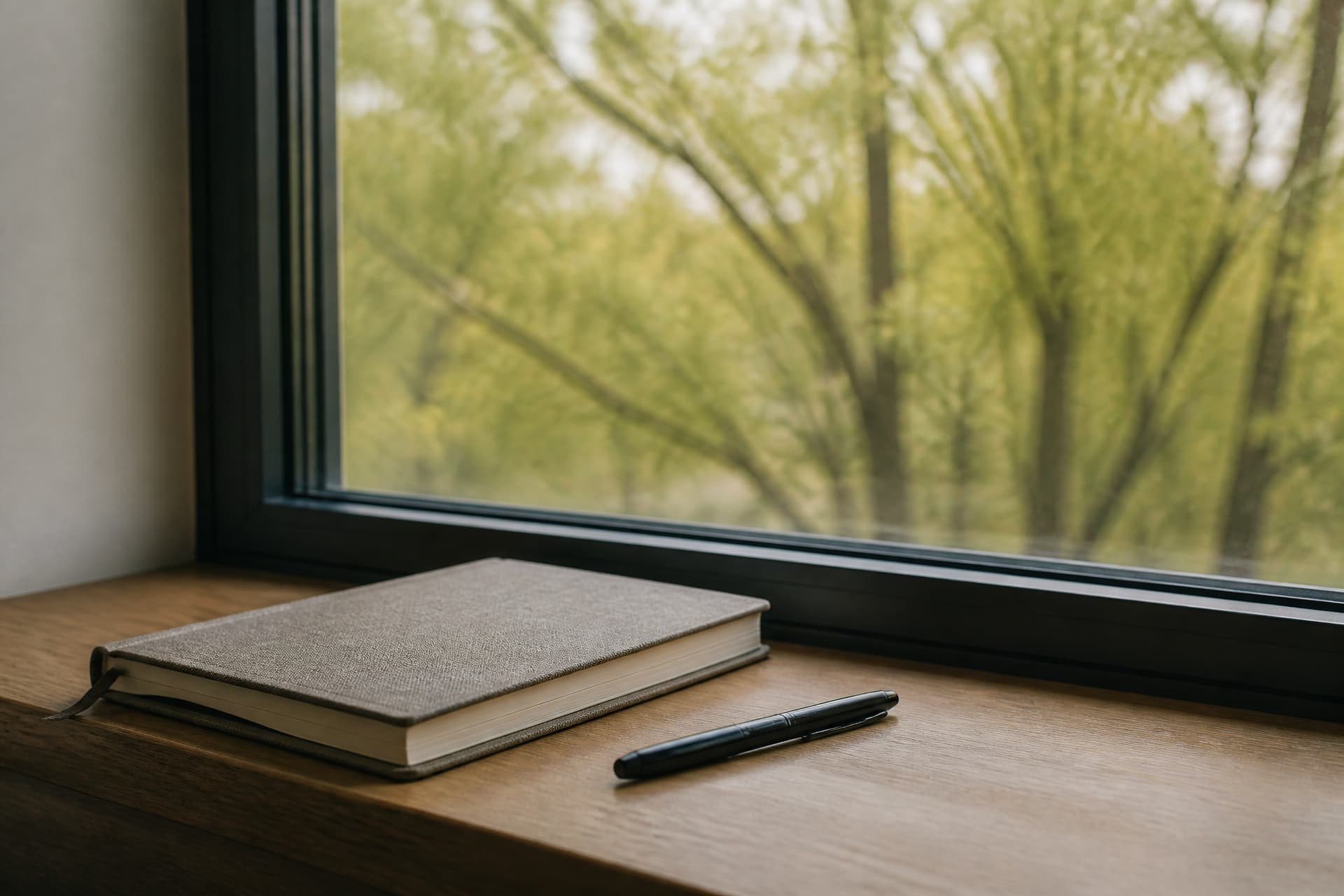 A quiet office window looking out onto trees, a closed notebook and a pen on the sill in front of it