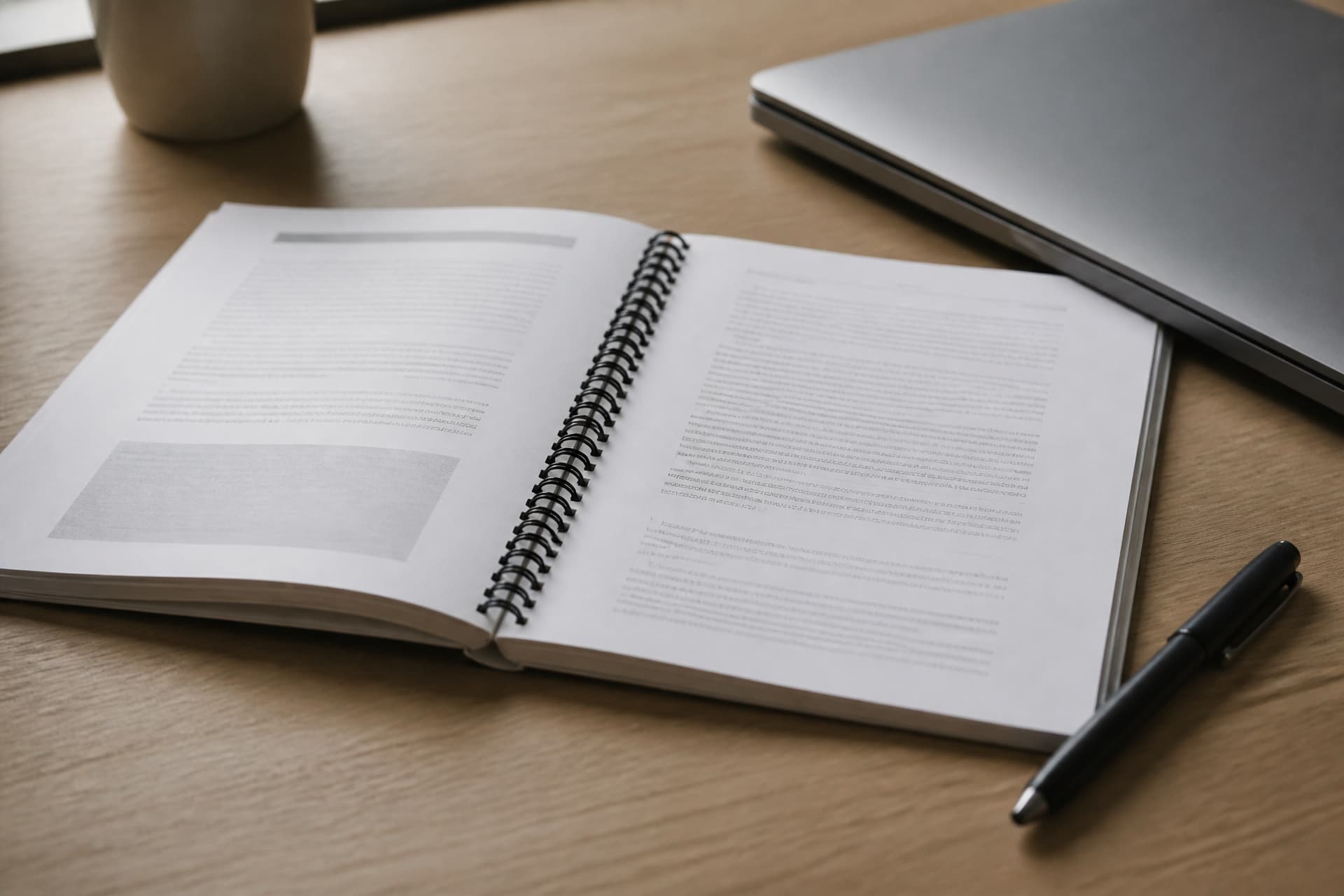 A spiral-bound employee handbook lying open on a desk beside a pen and a closed laptop, flat office light