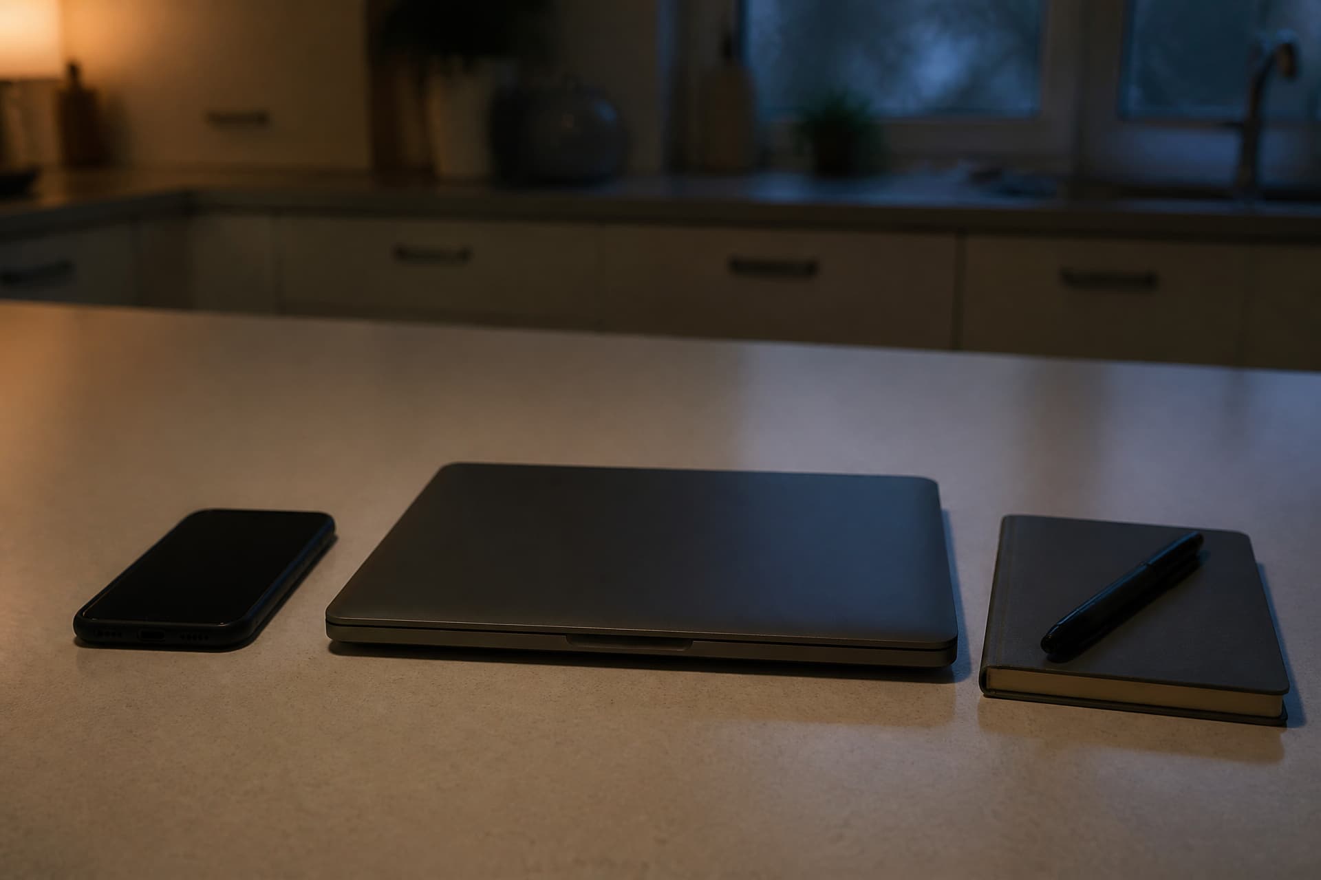 A phone with a dark screen, a closed laptop and a notebook with a pen resting on it, lined up on a pale kitchen counter in low evening light