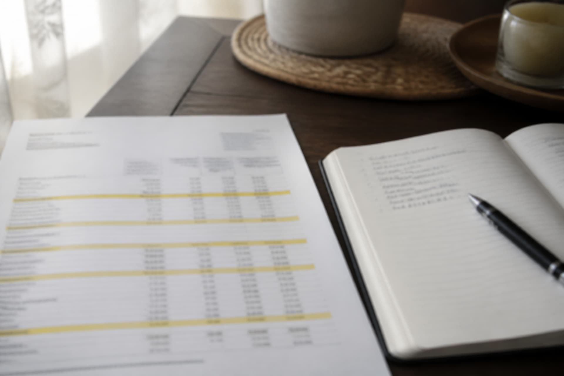 A printed statement on a dark table with several rows marked in pale yellow highlighter, an open lined notebook beside it and a pen resting on the page