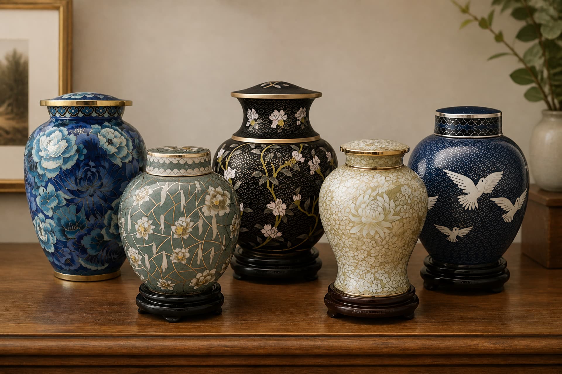 Five cloisonnΓ© enamel cremation urns on a wooden shelf β deep blue with pale blossoms, sage green with white flowers, black with pink blossom branches, cream with white chrysanthemums, and navy with white doves