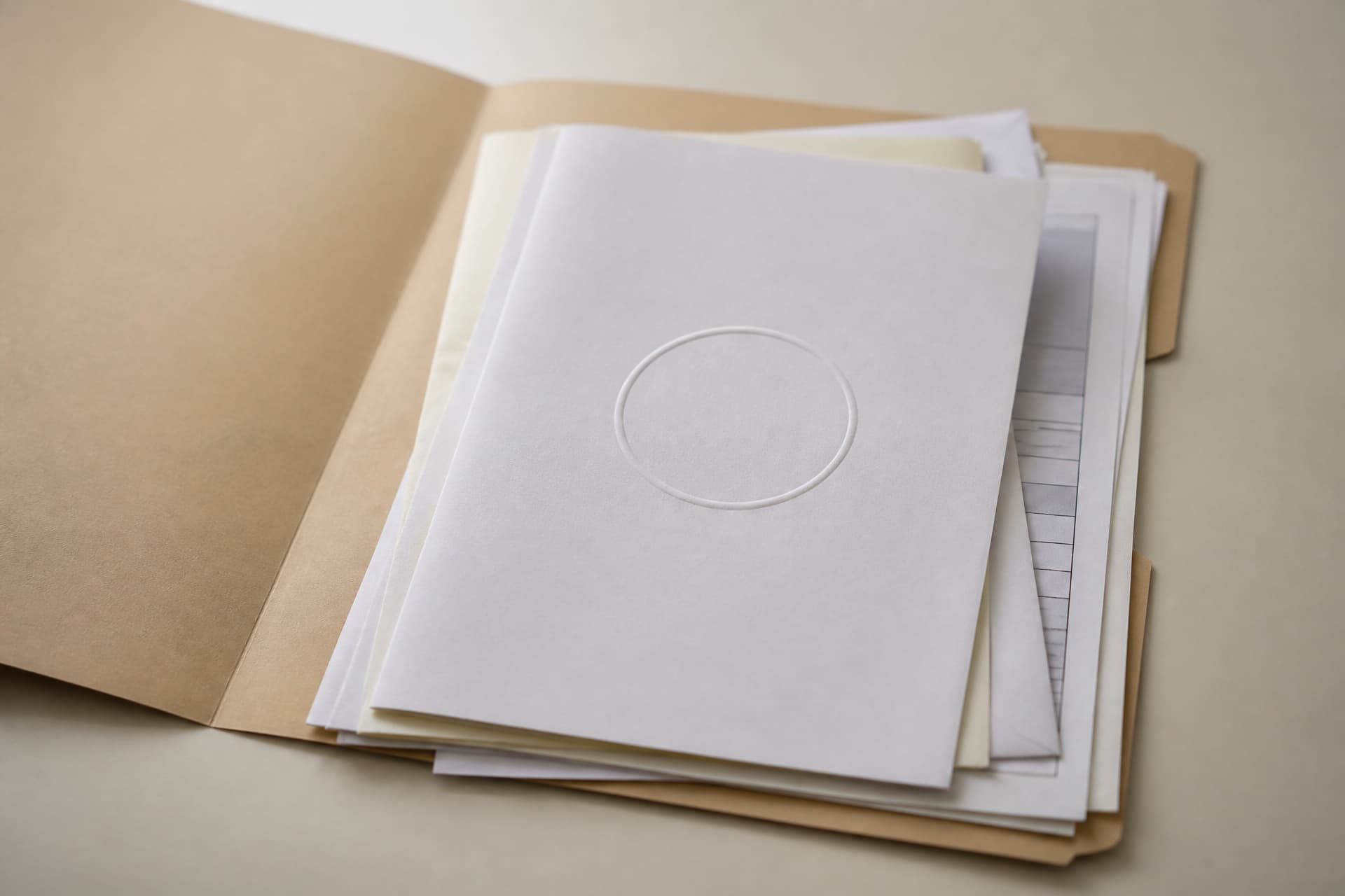 An open manila folder holding a stack of printed documents, the topmost sheet carrying a blank embossed circular impression, with statements fanned out beneath it