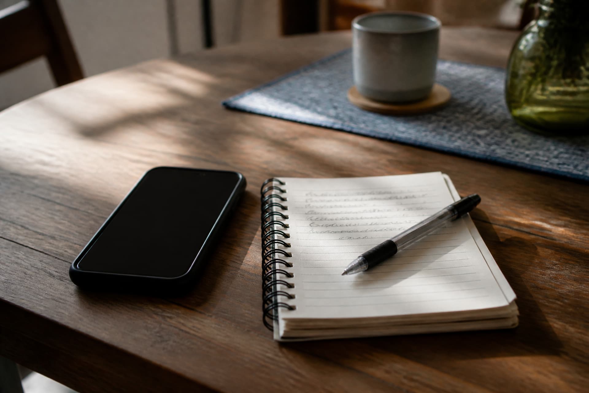 A phone lying face-up beside an open notepad with a case number written on it and a pen resting across the page, on a dining table in afternoon light