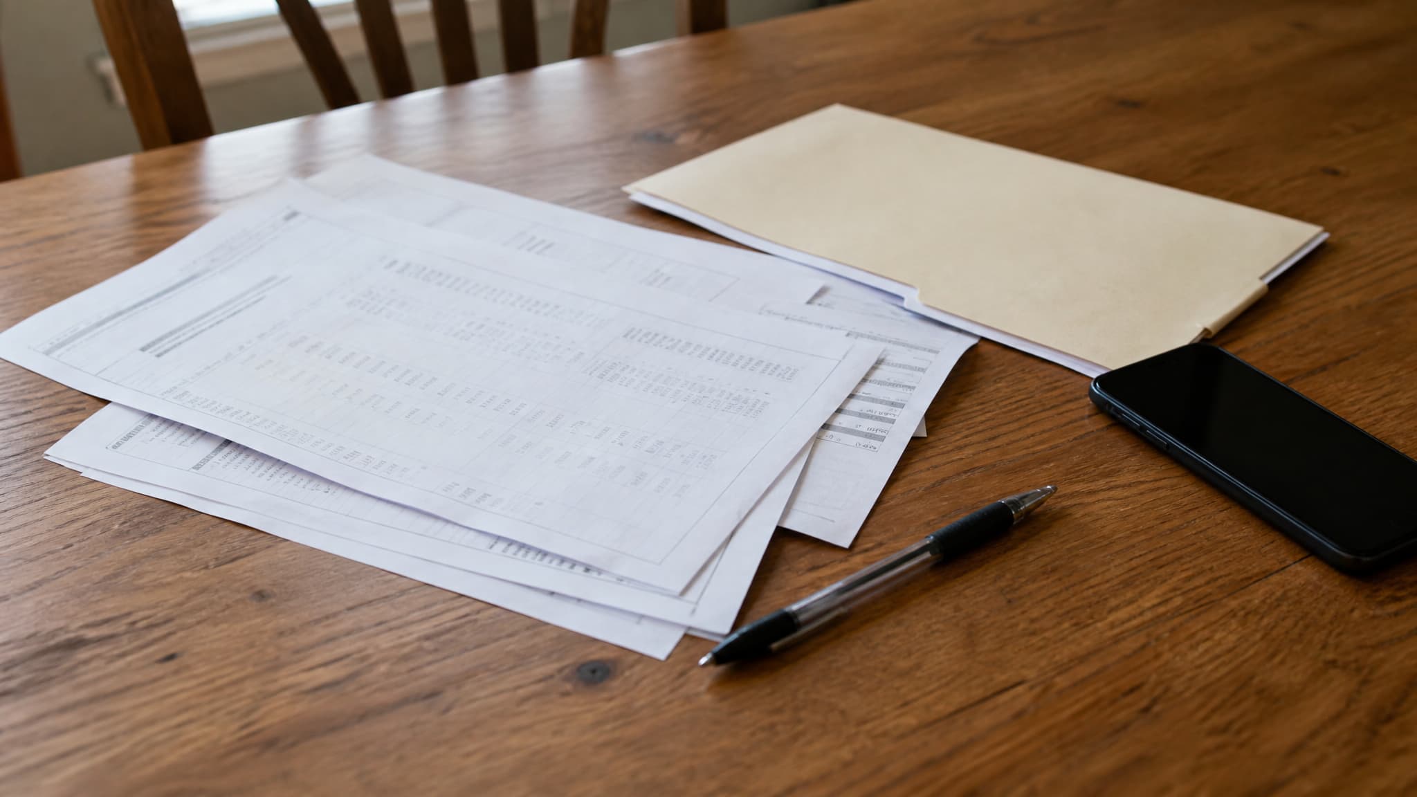 A wooden table with opened bank statements spread across it, a closed manila folder, a phone lying face-up and dark, and a ballpoint pen, in flat afternoon light
