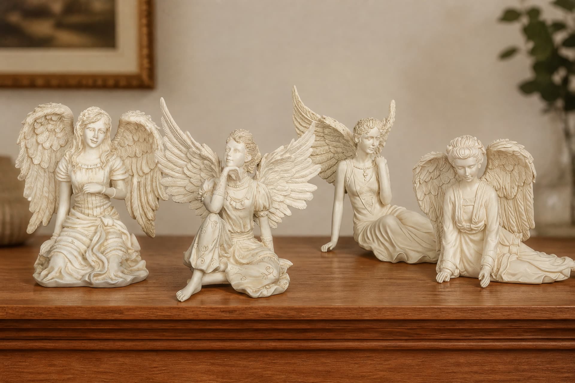 Four small pale cast angel figures seated in a row on a wooden shelf, wings raised, each resting in a different pose